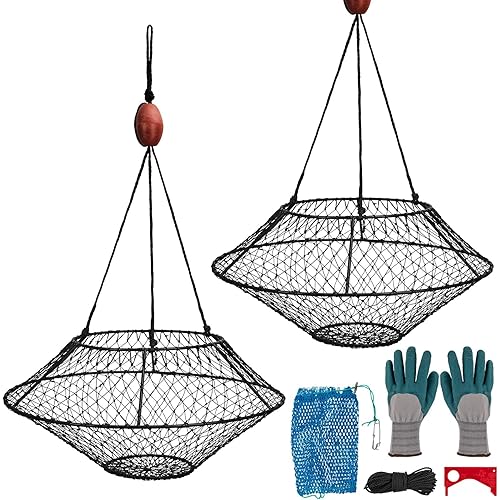 QualyQualy Crab Ring Trap Net, Crabbing Trap Kit 24"/32" Hoop, Portable Folded Crab Cage Pot with Buoy for Crabbing Blue Crabs, Lobster Dungeness, Heavy Duty Crab Nets Accessories with Bait Bag, Rope