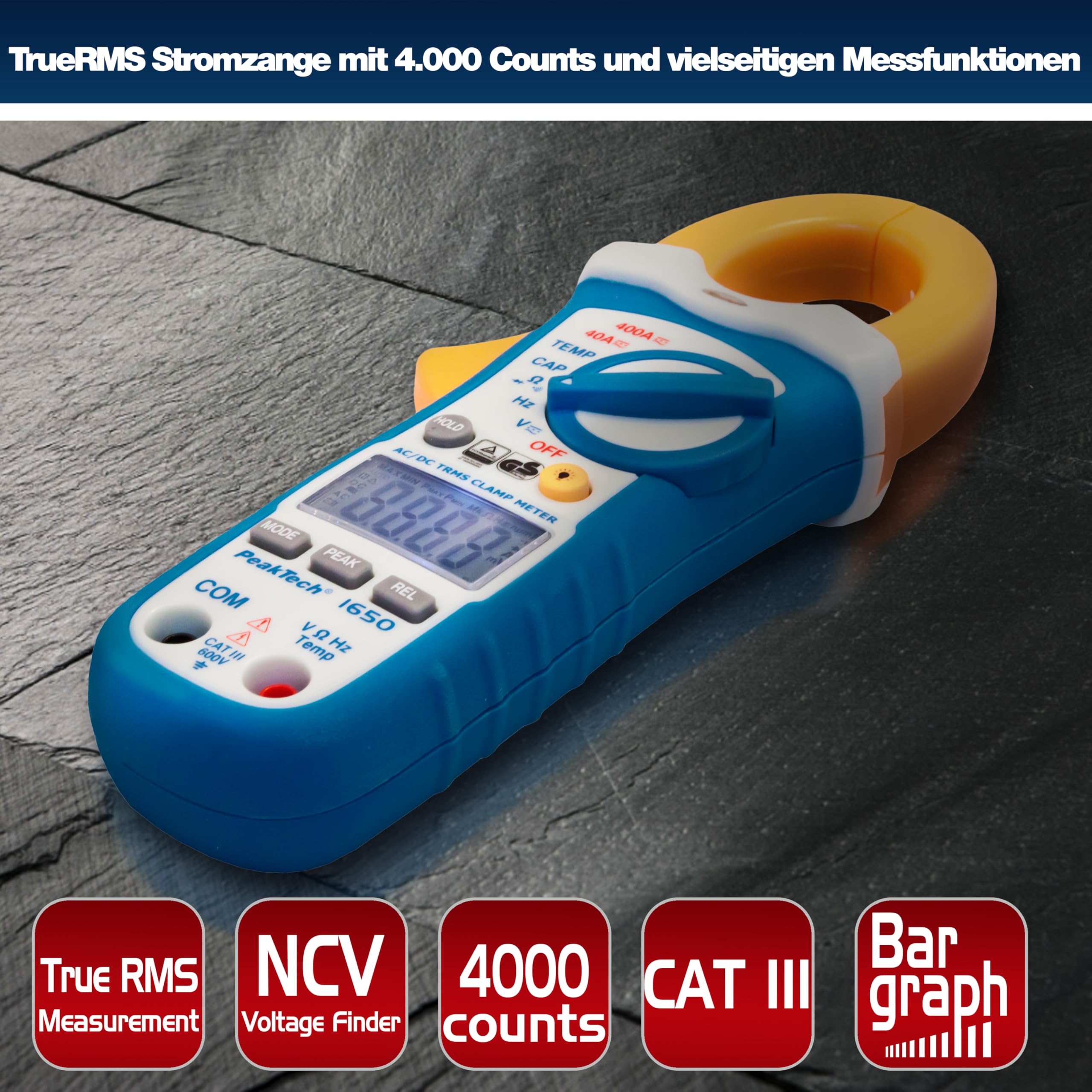 PeakTech P 1650 – True RMS Stromzange 400A AC/DC, Digital Multimeter, Zangenmessgerät, TÜV/GS, Strommesszange, 4000 Counts, Berührungsloser Spannungsmesser, Strommessgerät, Durchgangsprüfer Max. 600V