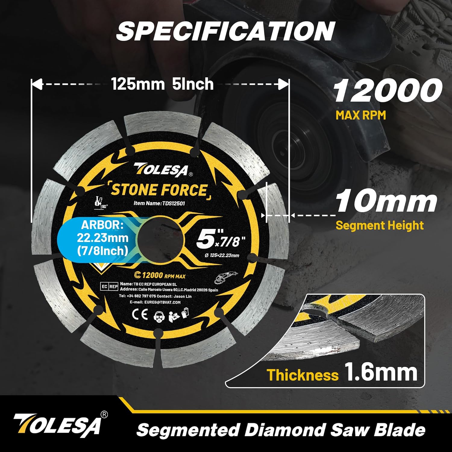 TOLESA 5 Inch Segmented Diamond Blade for Angle Grinder, Diamond Cutting Wheel with 7/8" Arbor, 20mm & 16mm Adapter Ring, 5" Stone Blade Fast Cut Masonry, Concrete, Brick (3-Pack)