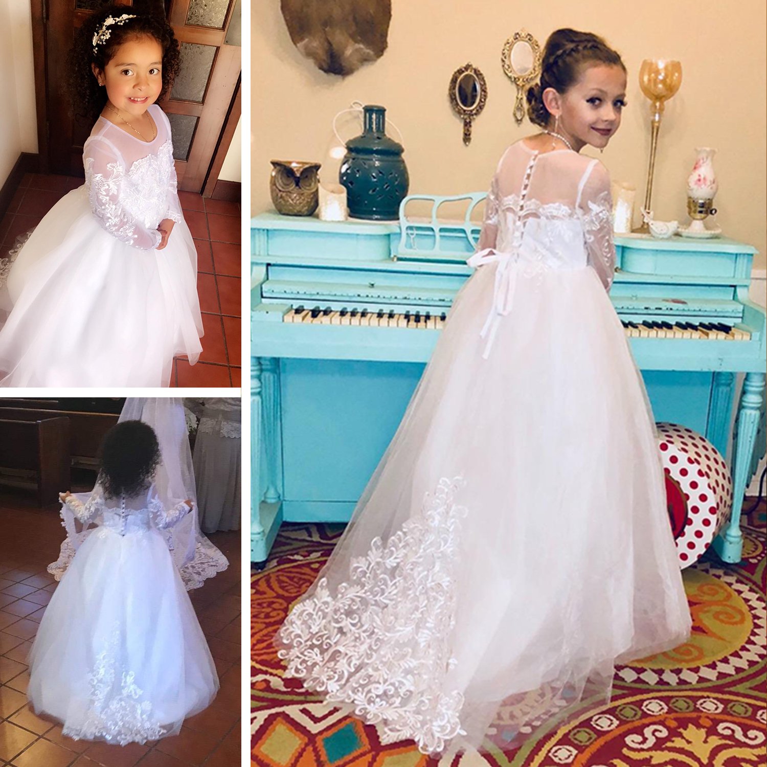 Aibaowedding Spitze Stickerei Schiere V-Rücken ärmellos Kinder Schleppende Kleider