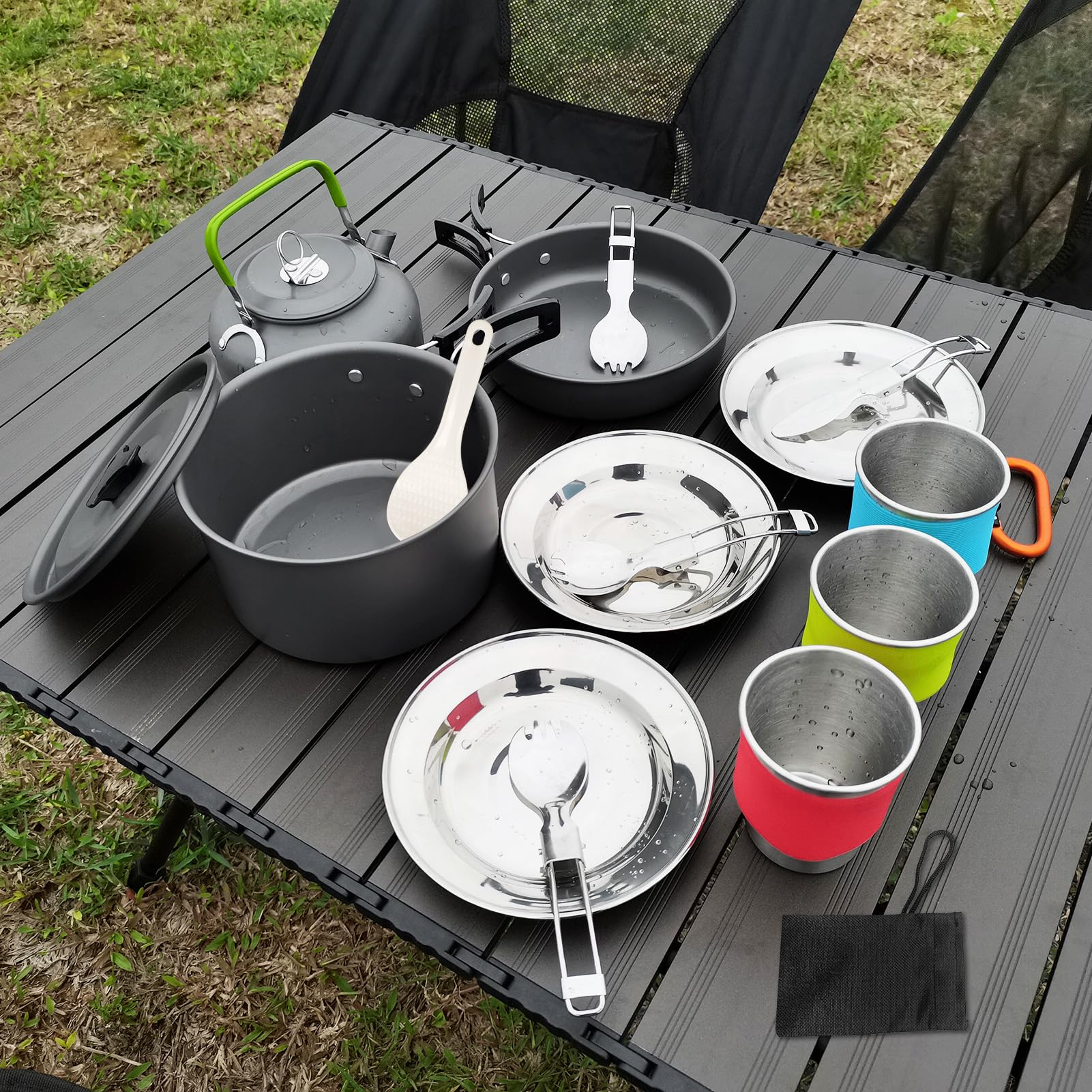 Batería de cocina para 3 personas, 22 piezas, para camping, camping, senderismo, excursionismo, con bolsa de transporte, utensilios de cocina de camping