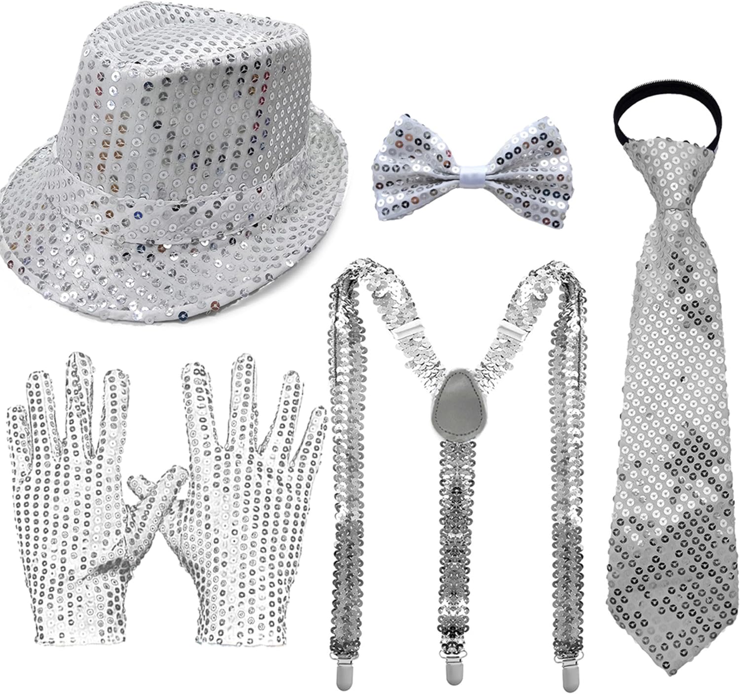 5-Pcs Silver Sequin Costume Set, Hat, Bow Tie, Necktie, Gloves, Suspenders