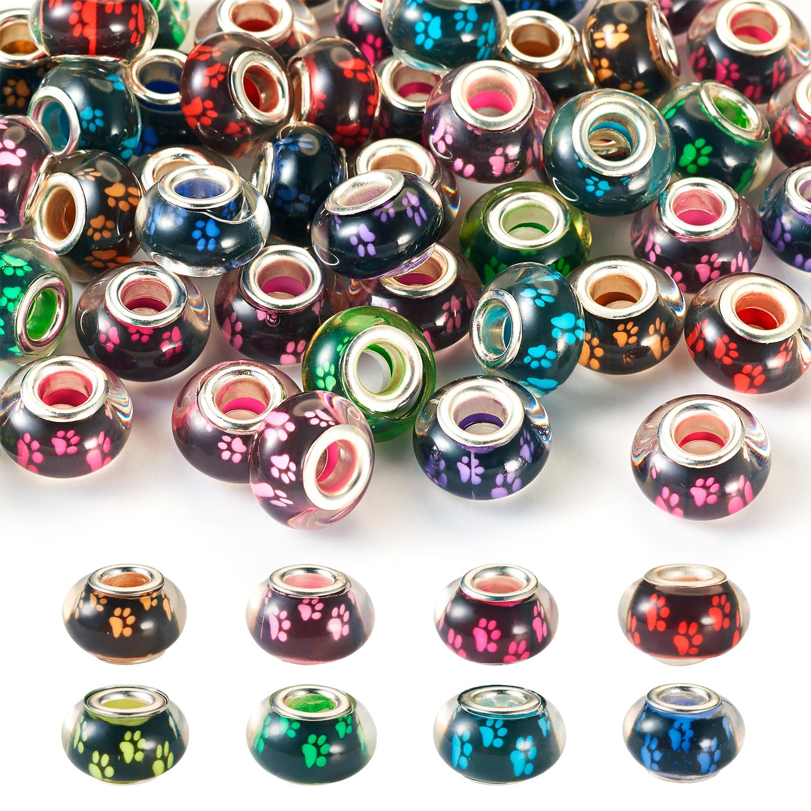 50 Pcs Dog Cat Paw Print Acrylic Beads - Large Hole Rondelle Charms For Jewelry Making