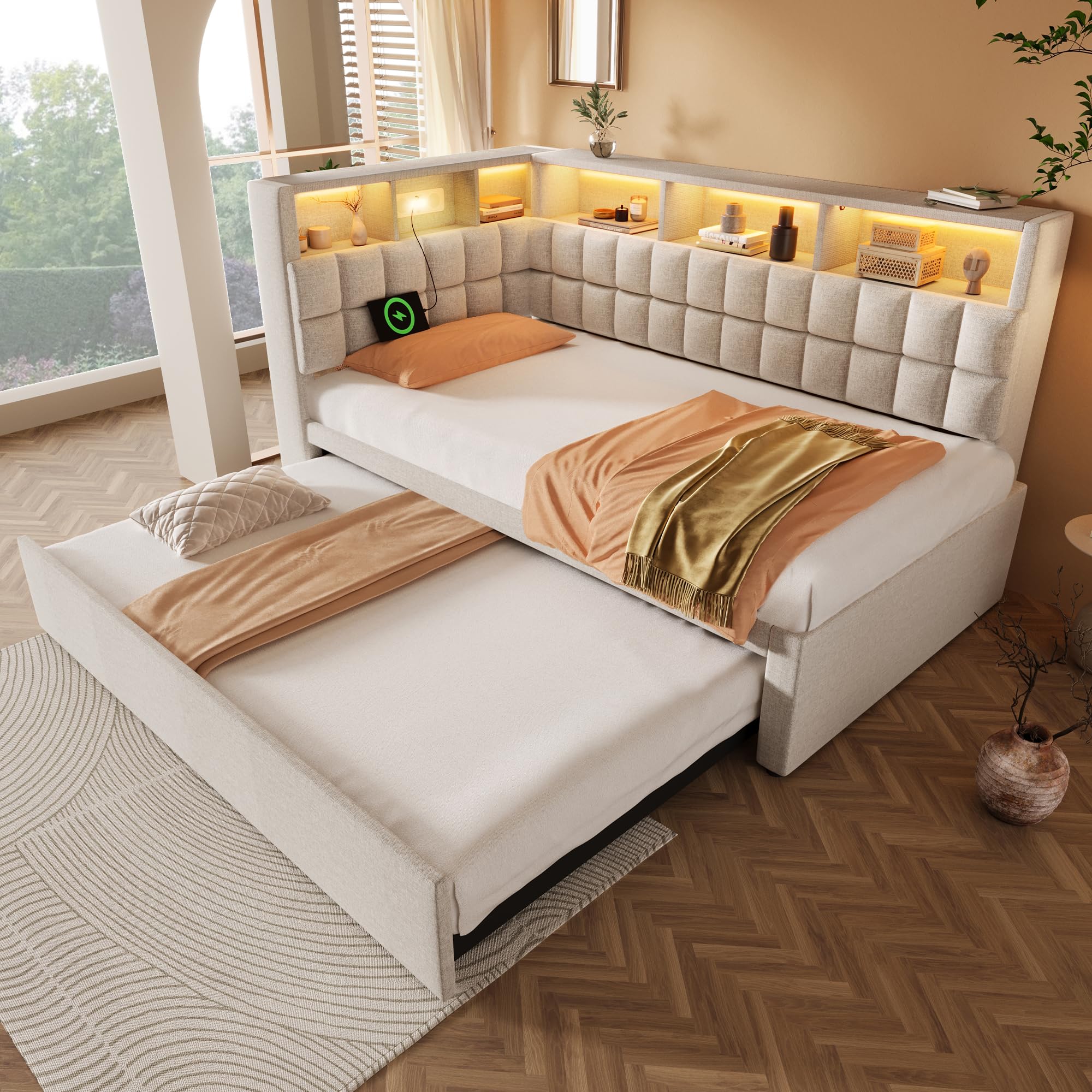 Letto imbottito, 90 x 200 cm, divano letto con LED, porta di ricarica USB e tipo C, altoparlante Bluetooth, testiera a L, con ripiano portaoggetti, in lino, senza materasso (beige, 90 x 200 cm)