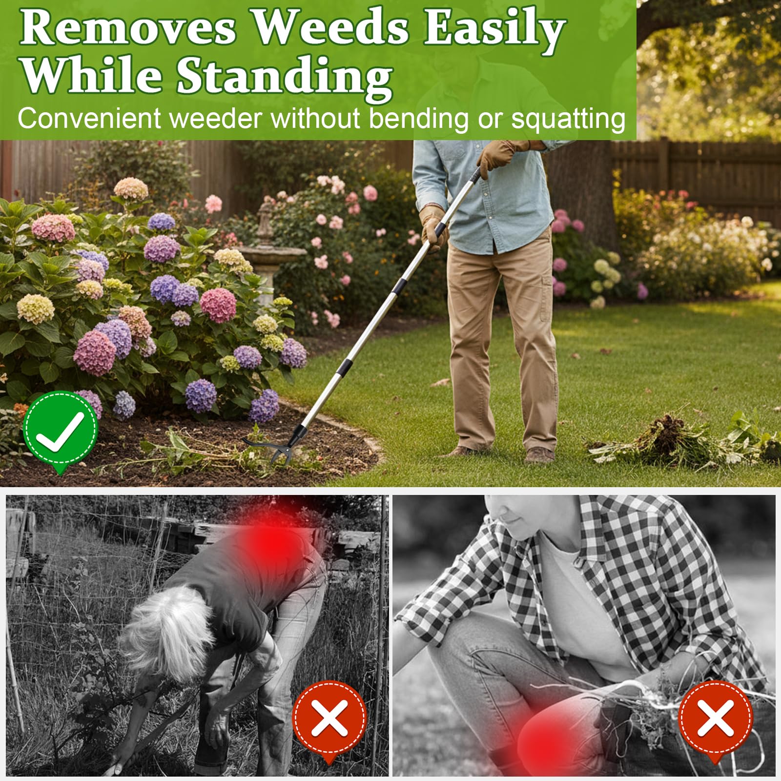 Désherbeur Manuel, Extracteur de Mauvaises Herbes Long Manche avec 4 Griffes et Pédales Arracheuse de Mauvaises sans se Pencher ni s'agenouiller pour Enlever Les Mauvaises Herbes Pissenlits