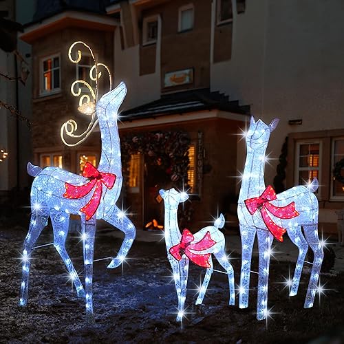 Miniatura 6 de Hourleey Decoraciones de Navidad para exteriores, 3 piezas de renos grandes con iluminación 3D, 459 LED, decoración impermeable para interiores y