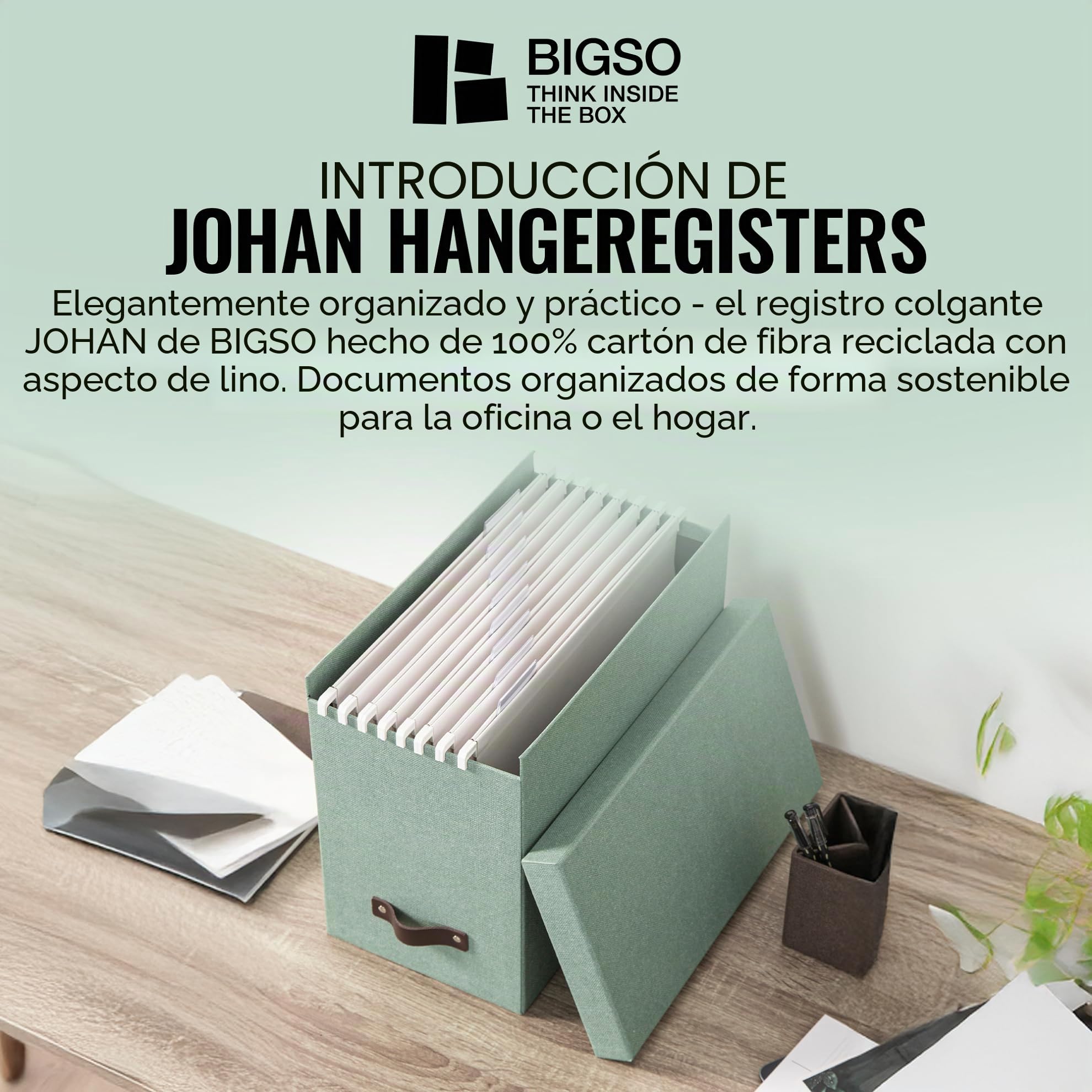 BIGSO JOHAN Caja para archivar con tapa, elegante caja de archivo, incluye 8 carpetas colgantes, caja colgante de tablero de fibra y papel con elegante aspecto de lino, color verde menta