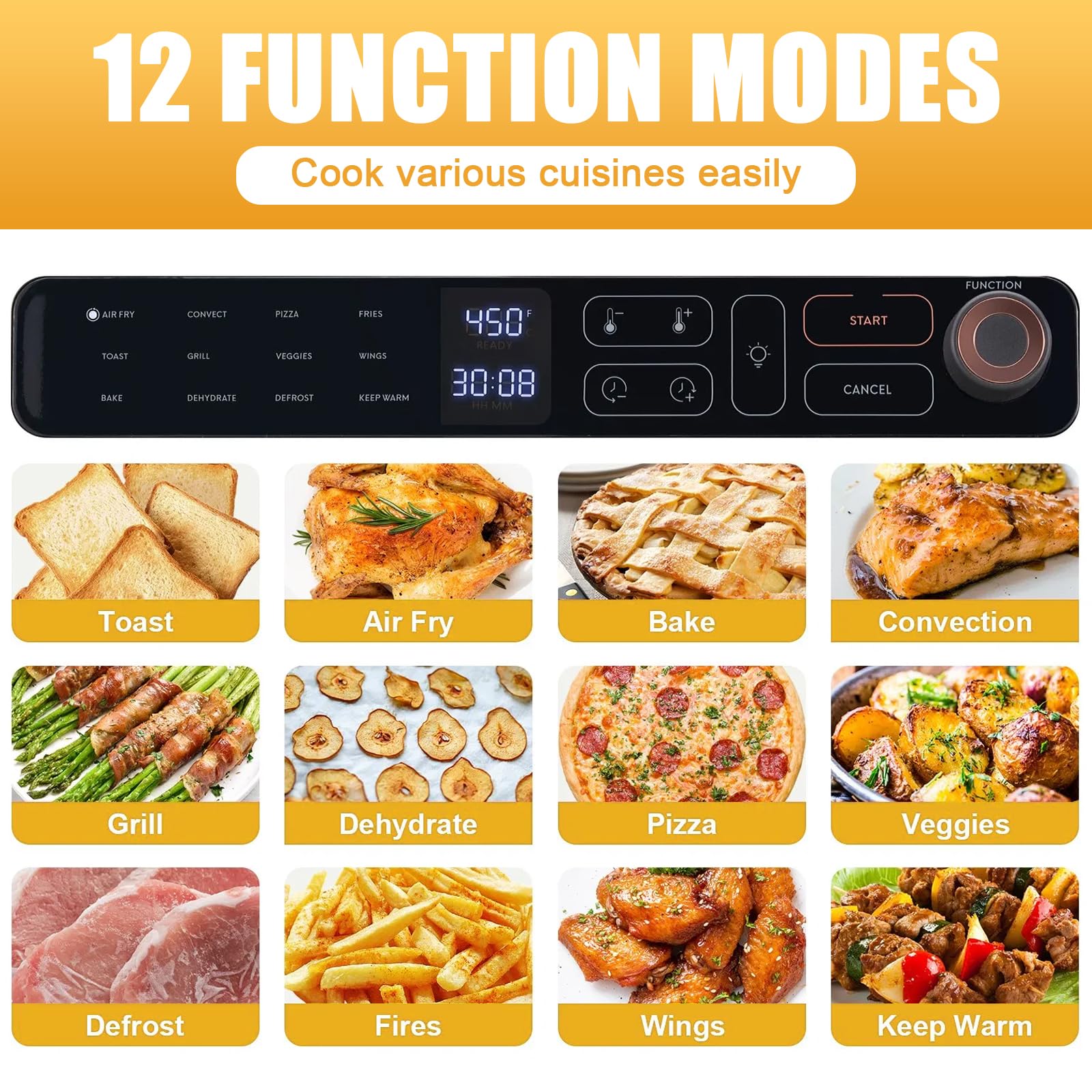 12-IN-1 Air Fryer Toaster Oven, 25L Toaster Ovens Countertop, 1700W Stainless Steel Toaster Ovens Countertop Combo with Grill, Pizza Pan and Gloves, Toast Ovens for Home and Commercial Use, Silver