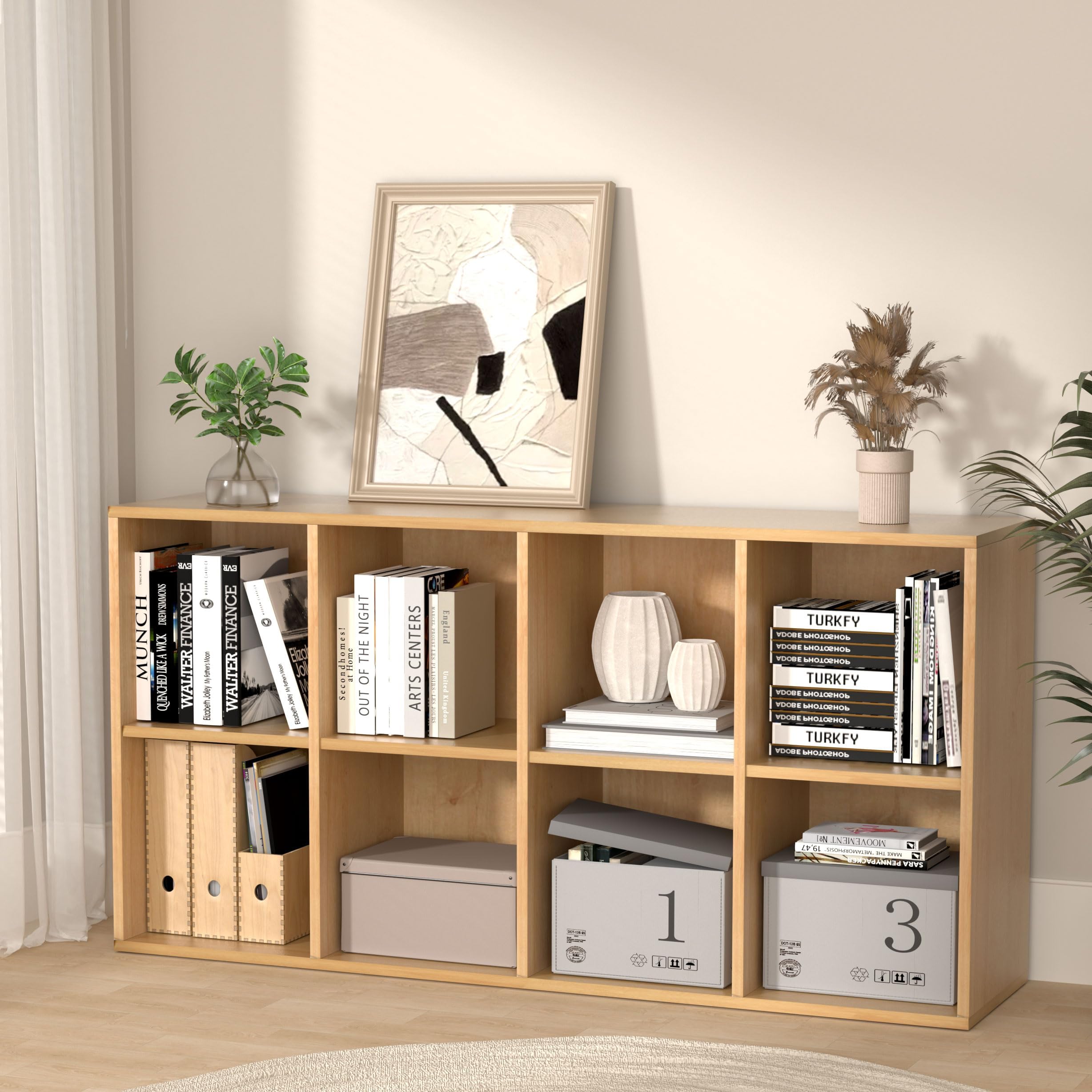 Bücherregal Holz mit Geschlossener Rückwand,Raumteilerregal,Würfelregal,Naturholz,8 Würfel