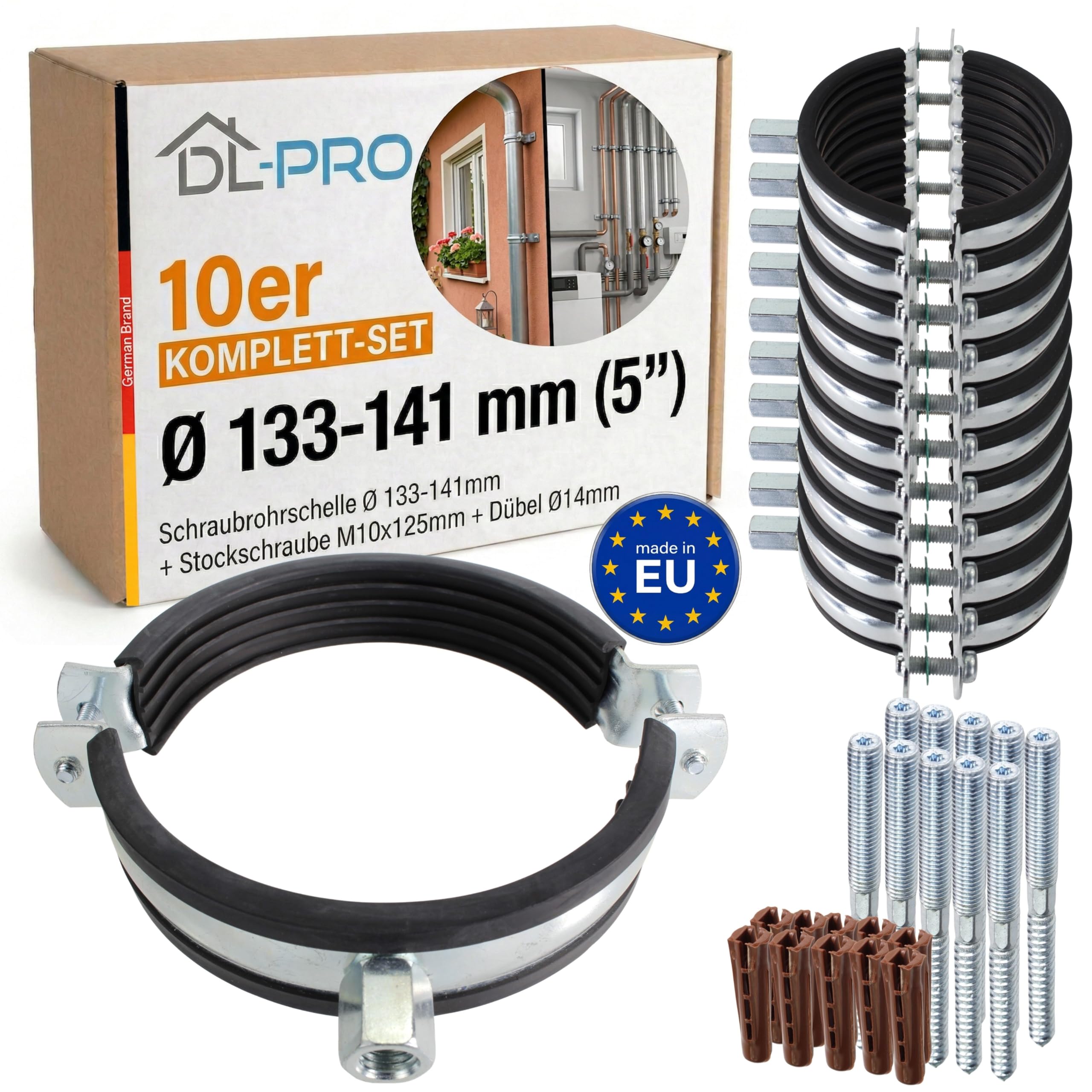 DL-PRO 10er Set Ø 133-141mm (5") Schraubrohrschelle EPDM Schallschutz | mit Stockschraube M10x125 & Dübel | DN125