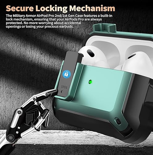 Miniatura 2 de Funda para AirPods Pro 21 Gen, funda protectora resistente con kit limpiador y puntas de repuesto para las orejas (SML), llavero, negroverde