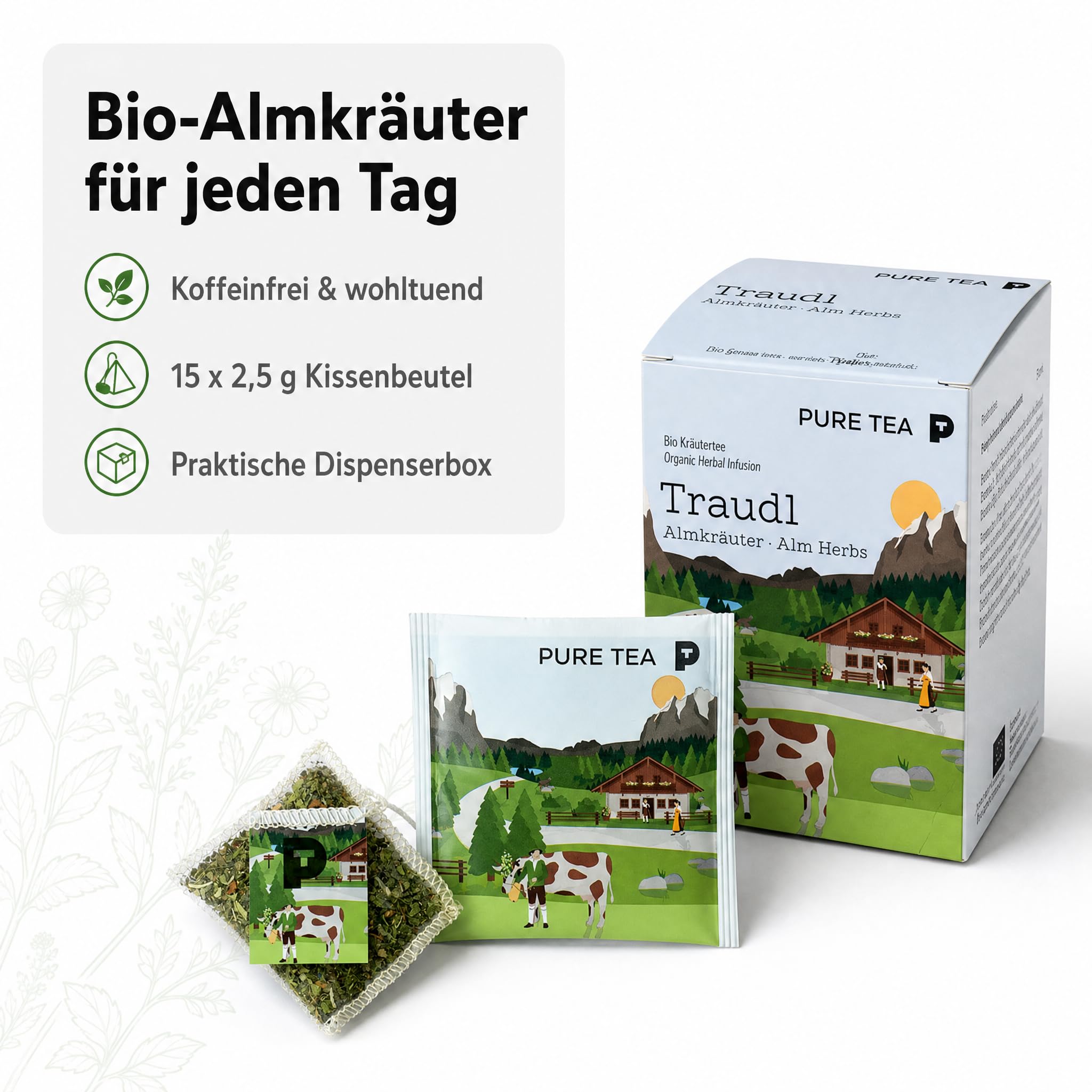6 x PURE TEA Traudl Premium Kräutertee Almkräuter, koffeinfreier Alpenkräuter Tee als Kräutermischung mit Spitzwegerich, Apfelminze & Melisse, einzeln verpackte Kissenbeutel in Dispenserbox