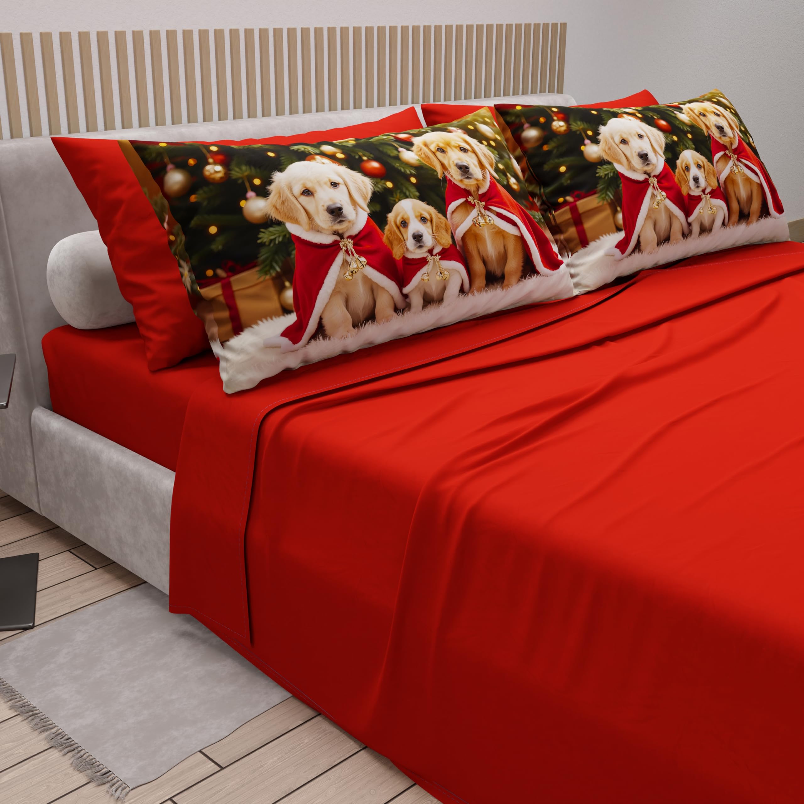 PETTI Artigiani Italiani - Lenzuola in Cotone con Federe in Stampa Digitale di Natale, Lenzuola Natalizie Una Piazza e Mezza Francese, Completo Letto Natalizio, Xmas 18 Rosso, 100% Made in Italy