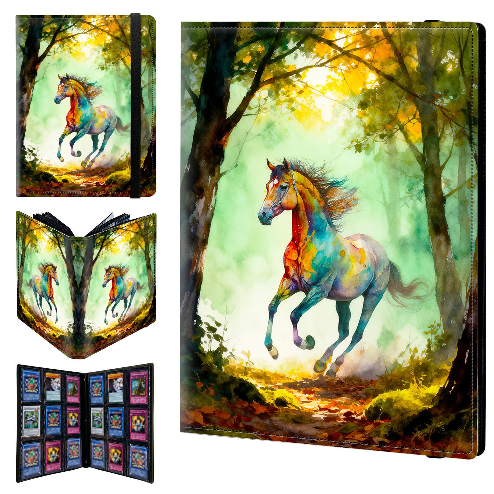 9 Pocket Trading Card Binder 720 Side Loading Pocket Album with Watercolor Forest Horse Pattern Design Card Binder for Sports Cards & Game Cards
