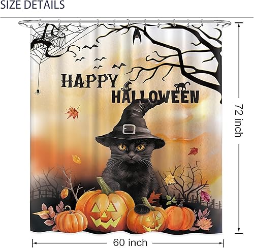 Miniatura 2 de Cortina de ducha divertida de calabaza con gato de Halloween para baño, vacaciones, araña, divertida decoración de bañera