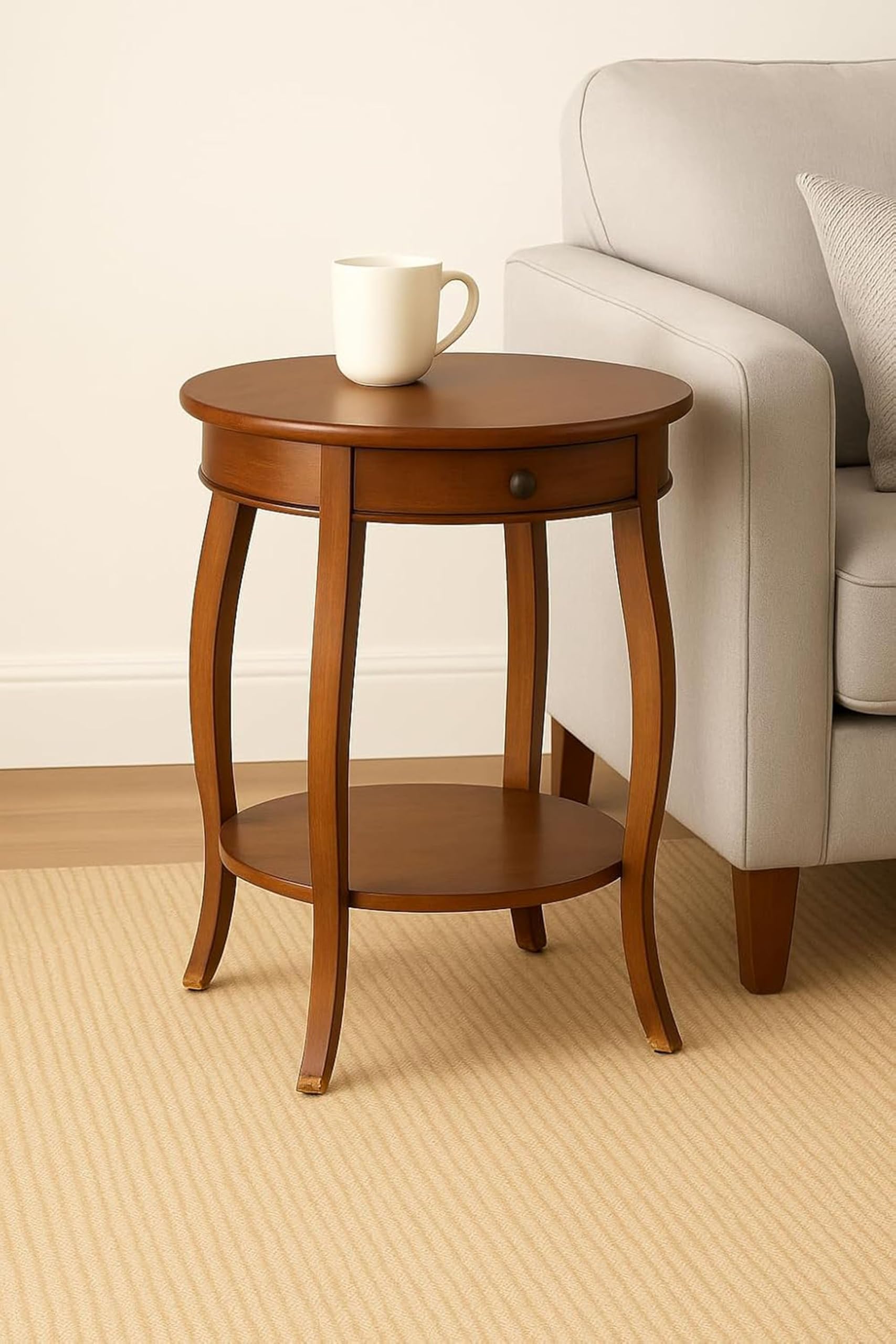 Classic Wooden End Table with Drawer | Round Side Table for Living Room & Bedroom | Solid & Stylish Accent Table with Storage Brown-image-3