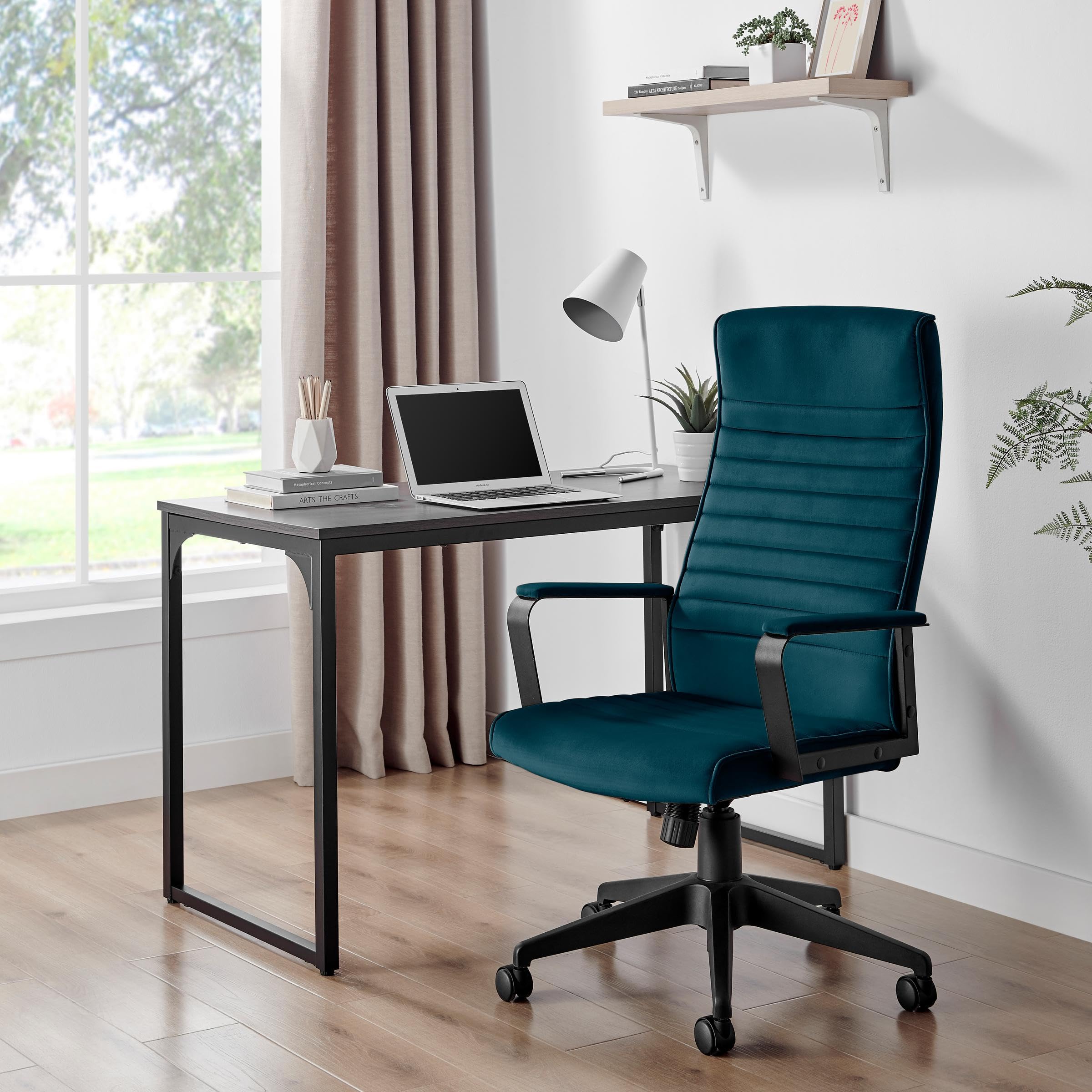 Furniturebox UK Furniturebox 'Centro' Office Chair, Dark Velvet Swivel Desk Seat, Tall Back, Height Adjustable, Recline, Horizontal Stitching, For Home Study, Bedroom Vanity or Gaming, Blue