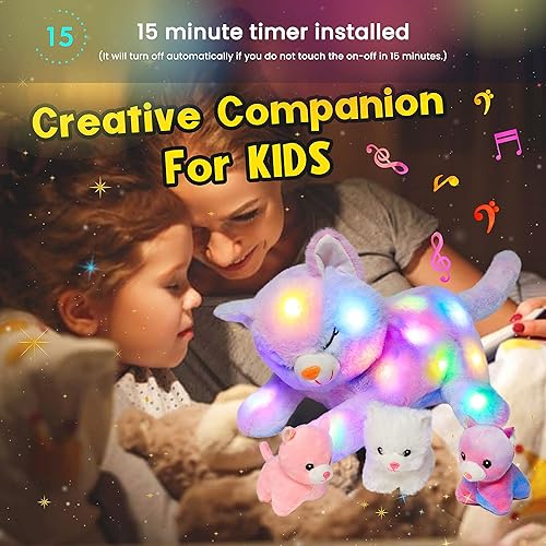 Miniatura 7 de Hopearl Juego de peluche musical LED con 3 gatitos en su barriga, canción de cuna animada para mamá, niños, niñas, arcoíris, 18 pulgadas