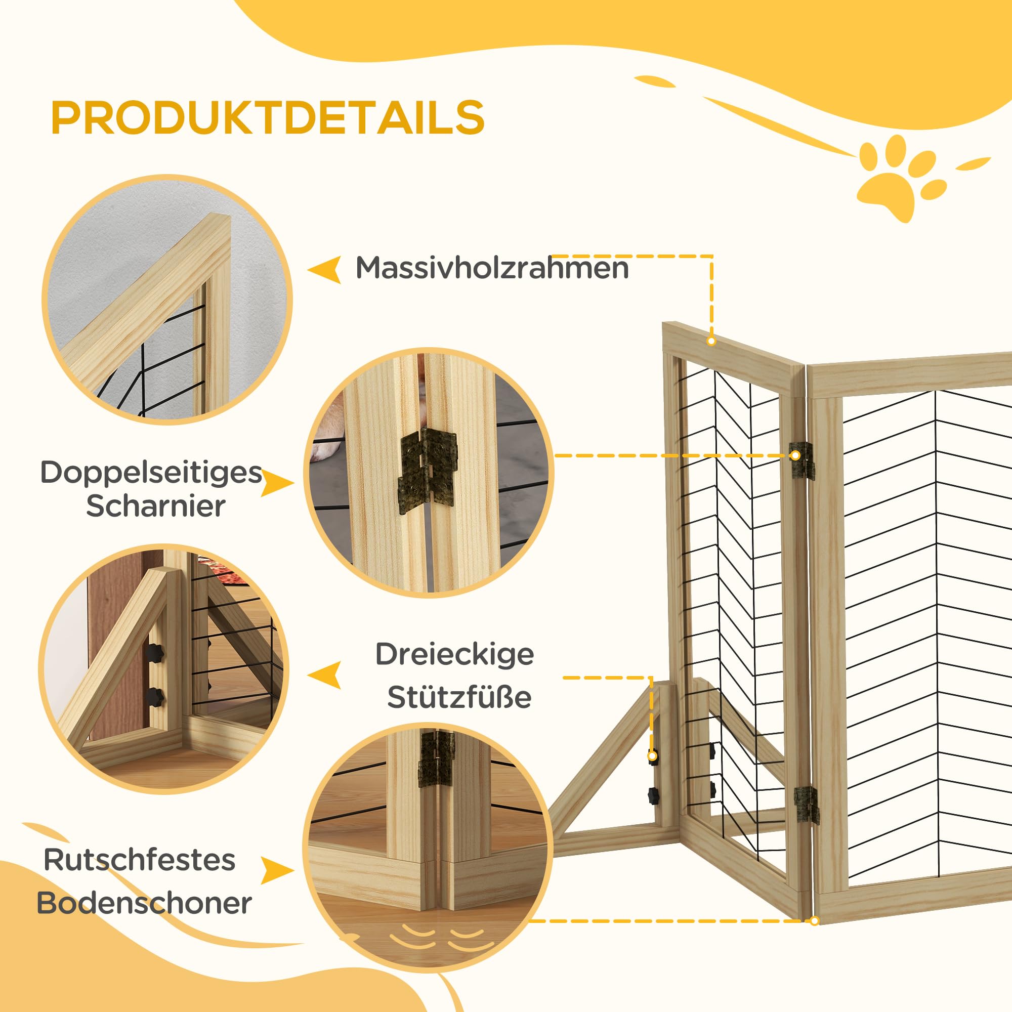 PawHut Hunde Absperrgitter aus Holz Türschutzgitter Natur 375 x 44 x 70 cm | Klappbares Hundegitter mit 8 Platten, Hundeabsperrgitter, Treppenschutzgitter, Kamingitter für Ofen
