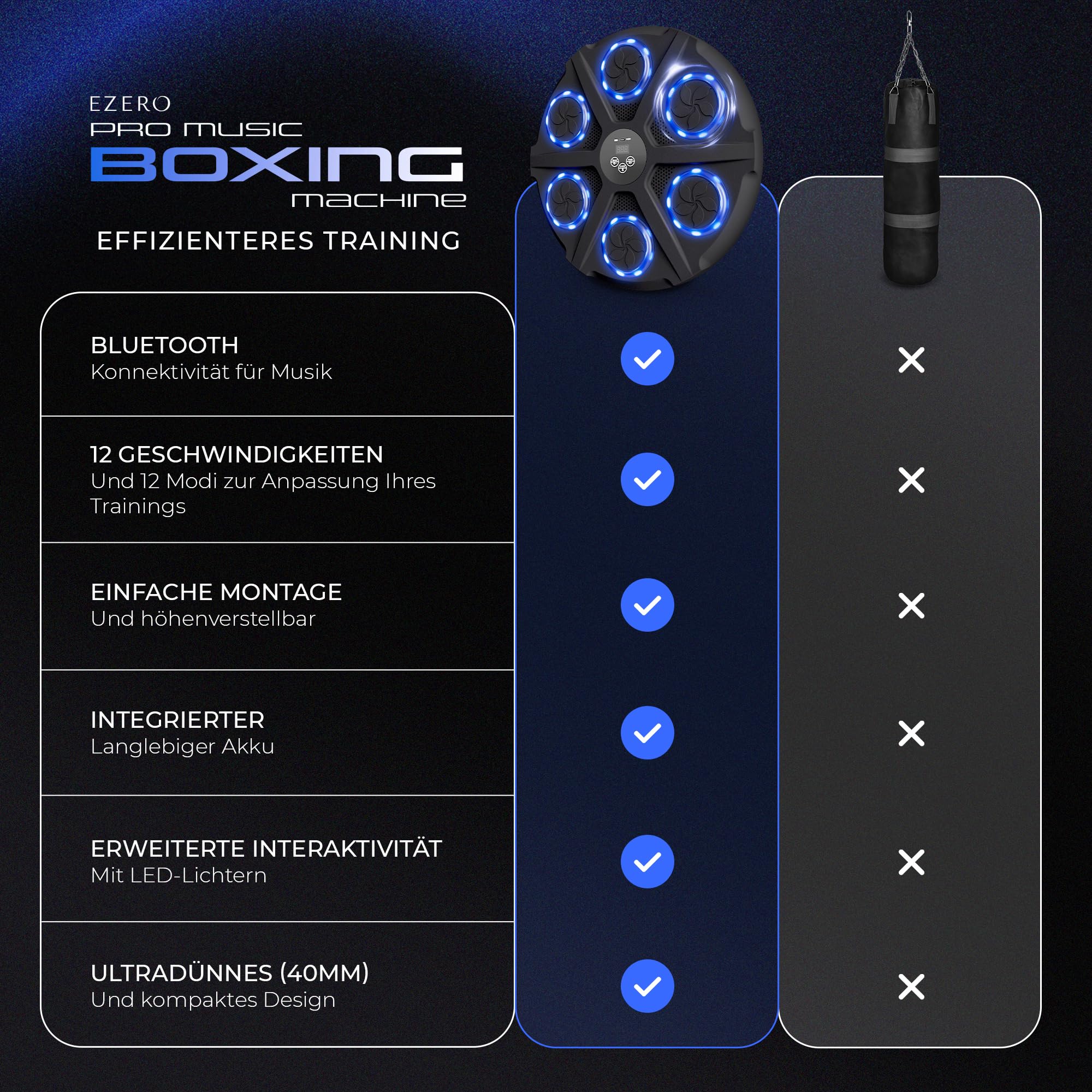 Ezero Smart Music Boxing Machine 12 Stufen, Bluetooth mit Boxhandschuhe, Springseil Boxen, Handtuch, Fitnessbänder und Tragetasche - Boxautomat mit Boxing Gloves - Boxmaschine mit Musik - Musikboxen