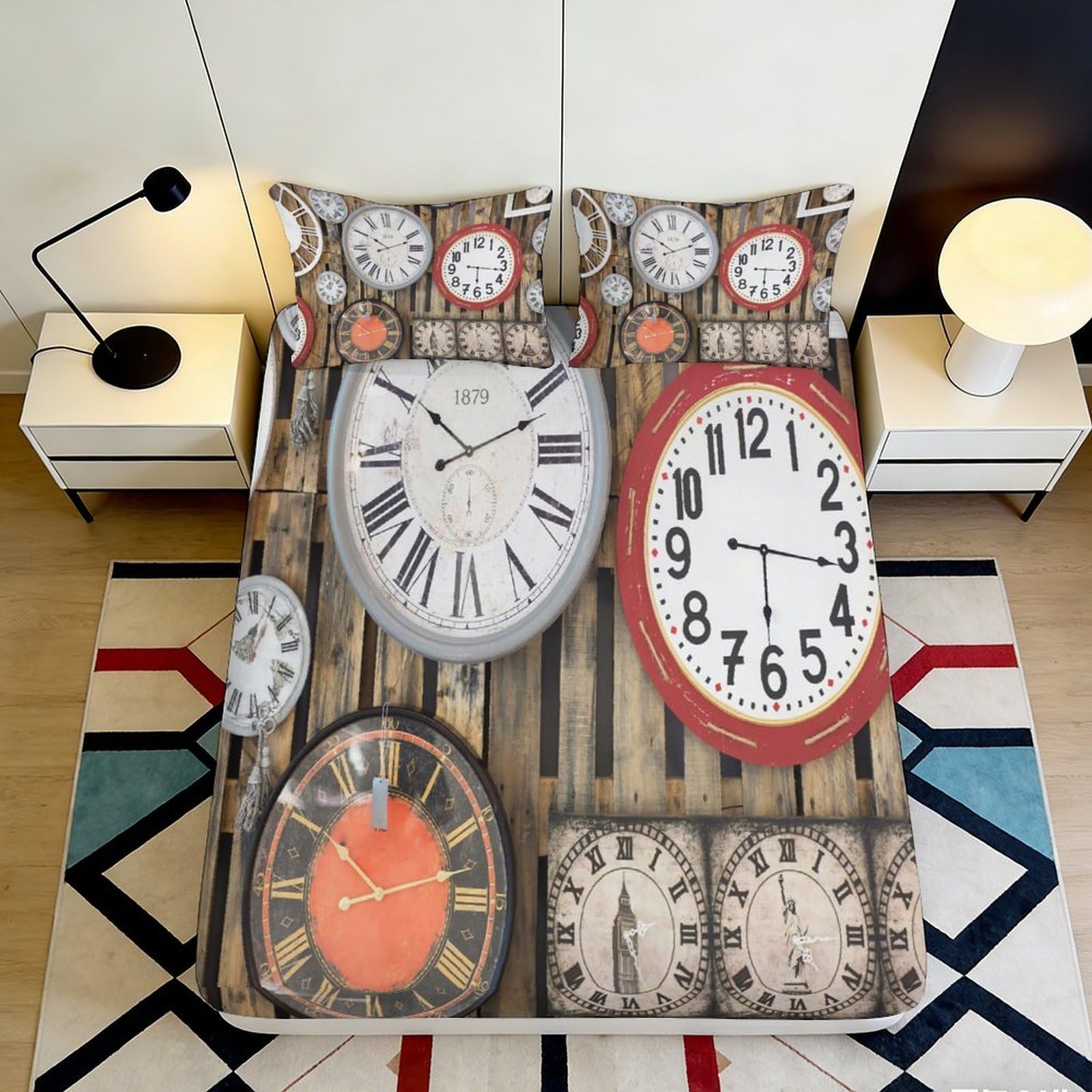 3D Printed Vintage Clocks Fitted Sheet Microfiber Soft Durable 3D Printed Antique Clock Mattress Cover for Bedroom Dormitory Guest Room Protection 90x200x25cm