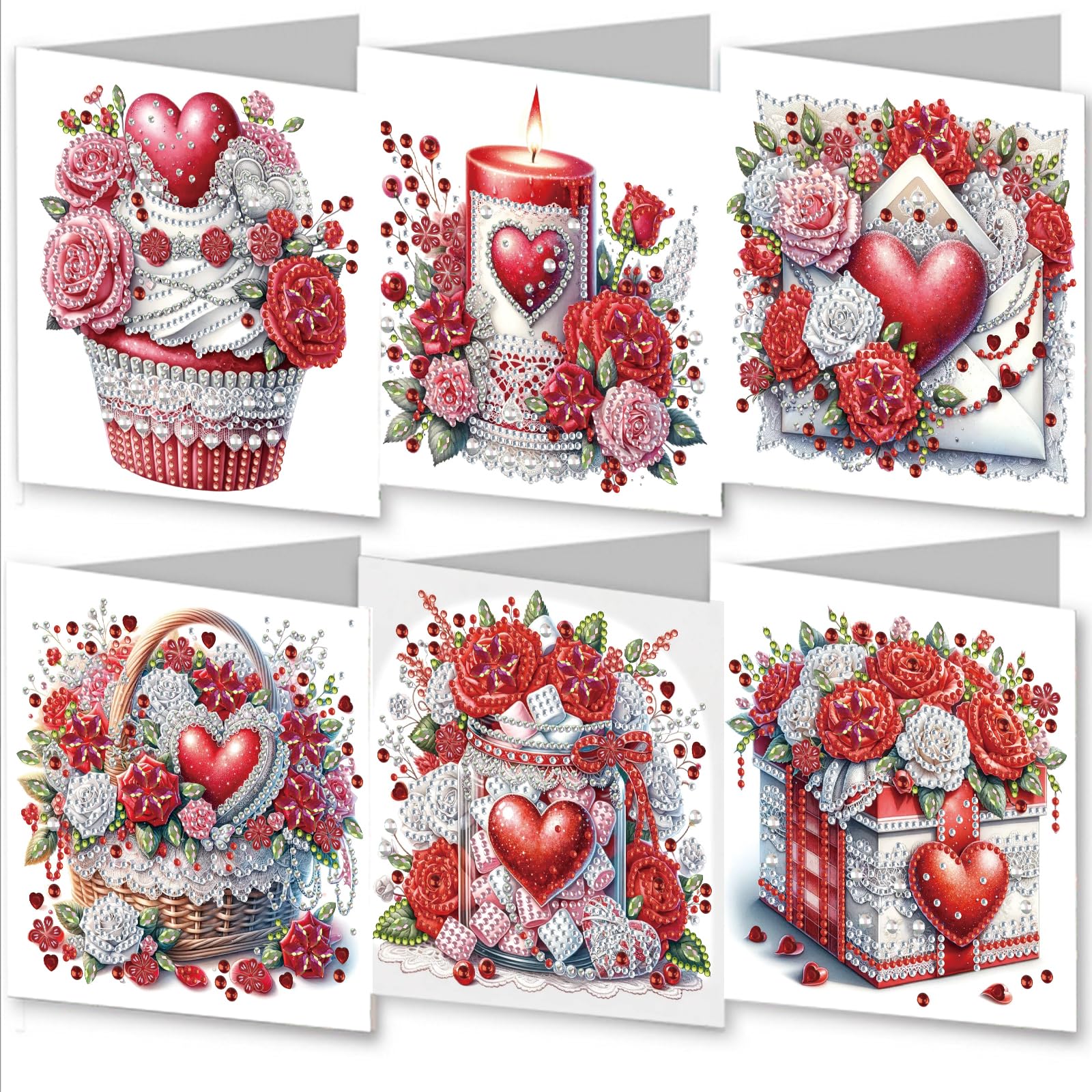 Amiiba 6pcs Diamond Art Painting Greeting Cards to Make Kits Romantic Heart and Rose, 5D DIY Crystal Art Card Sets with Envelopes, Postcards for Handmade 30 * 15cm/11.81 * 5.9 inches (Romantic Heart)
