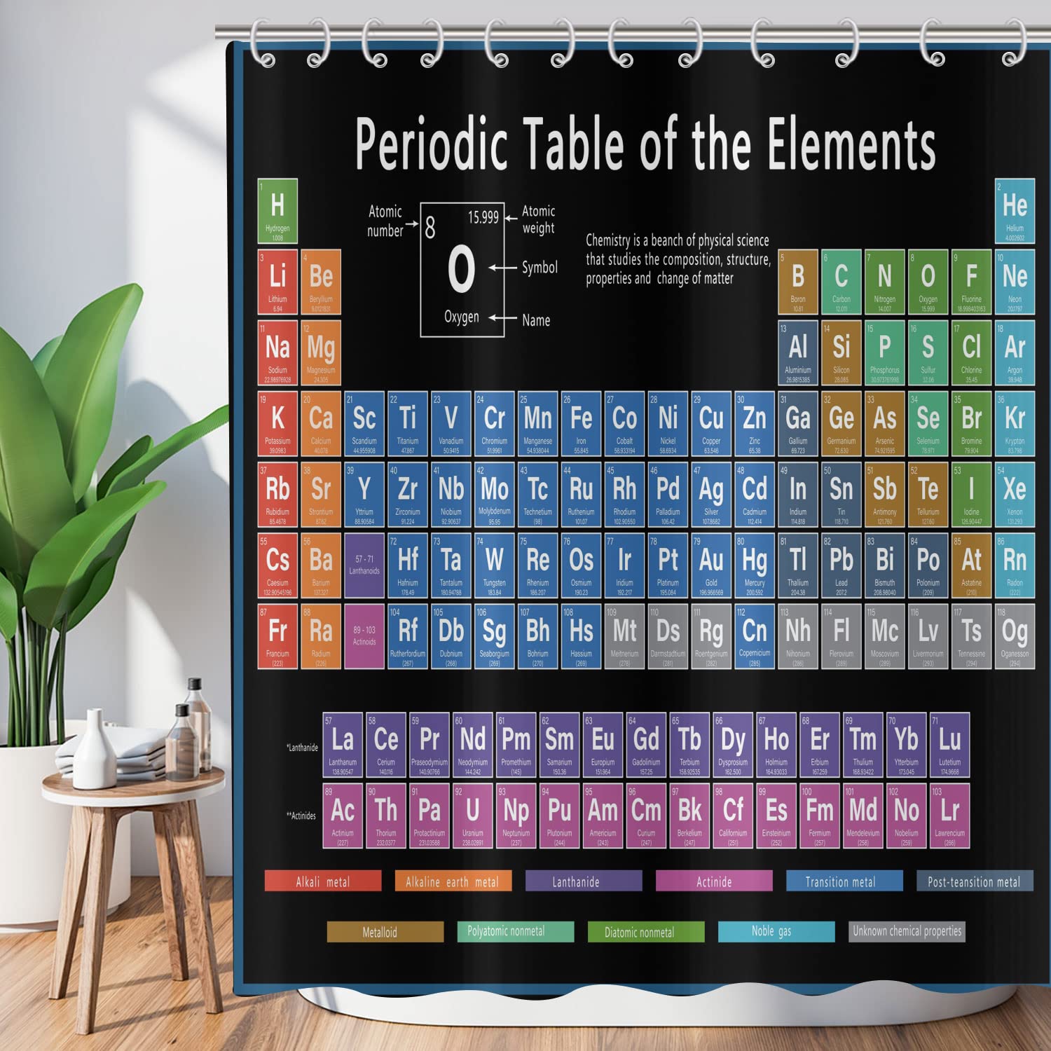 ASDCXZ Shower Curtain Periodic Table 90x180 cm, Black Periodic Table of Elements Washable Bath Shower Curtains Polyester Textile Waterproof Antifungal Shower Curtain for Bathtub with 6 Hooks