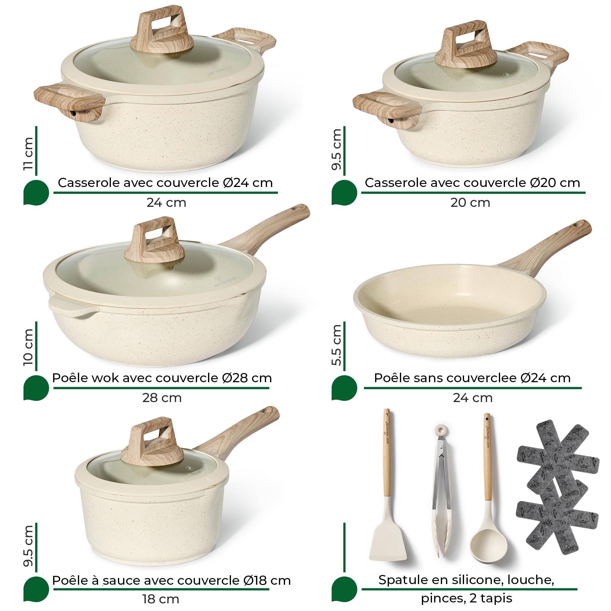 Just Perfecto Set de Casseroles 16-20-24-28 cm JL-888, Blanc | revêtement antiadhésif, compatible tous feux dont induction, couvercles inclus, poignées isolées