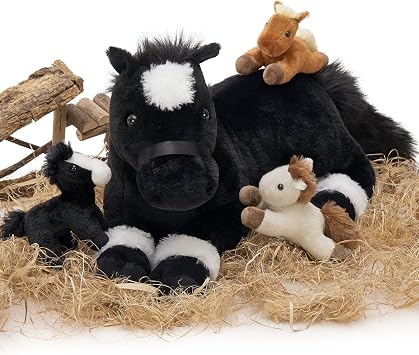 Tezituor 4-in-1 Horse Stuffed Animal Set, 18" Mommy Horse Plush with 3 Baby Pony Plushies Inside, Realistic Black Horse Plush Pillow, Soft Stuffed Pony Farm Gift for Girls Boys Kids