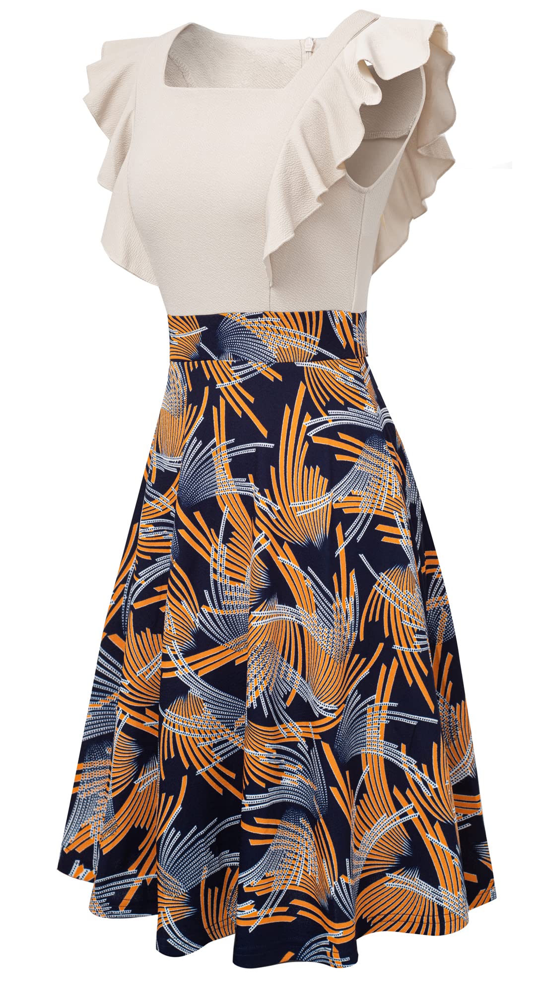 HOMEYEE Vestido de Cóctel de Fiesta Floral hasta la Rodilla Rockabilly con Mangas con Volantes y Bolsillos para Mujer A312