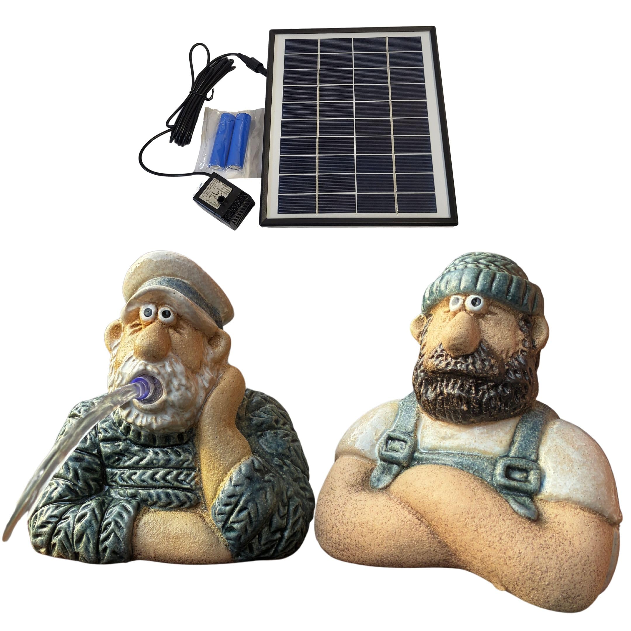 Storm's Gartenzaubereien Solar Wasserspeier Seemann Set mit Akku - 2er Set Matrosen Figuren in Strick-Optik - Maritimes Wasserspiel Garten/Balkon/Miniteich - 6.5W Modul mit 4-5h Laufzeit - 3m Kabel