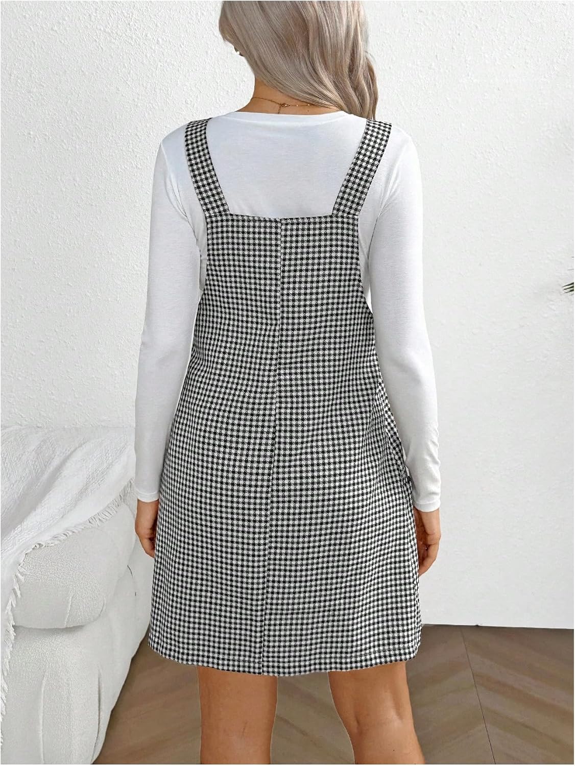 OYOANGLE Women's Maternity Gingham Overall Dress Square Neck Sleeveless Pregnancy Mini Dress with Pockets