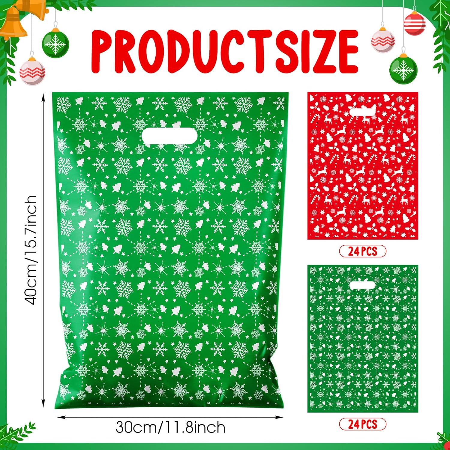 Epakh 48 Pcs Christmas Gift Bags with Handles Red Green Christmas Goodie Bags Bulk, 11" x 16" Large Xmas Plastic Reusable Snowflake Shopping Treat Bag Wrapping Bag for Xmas Party Favors - Image 3