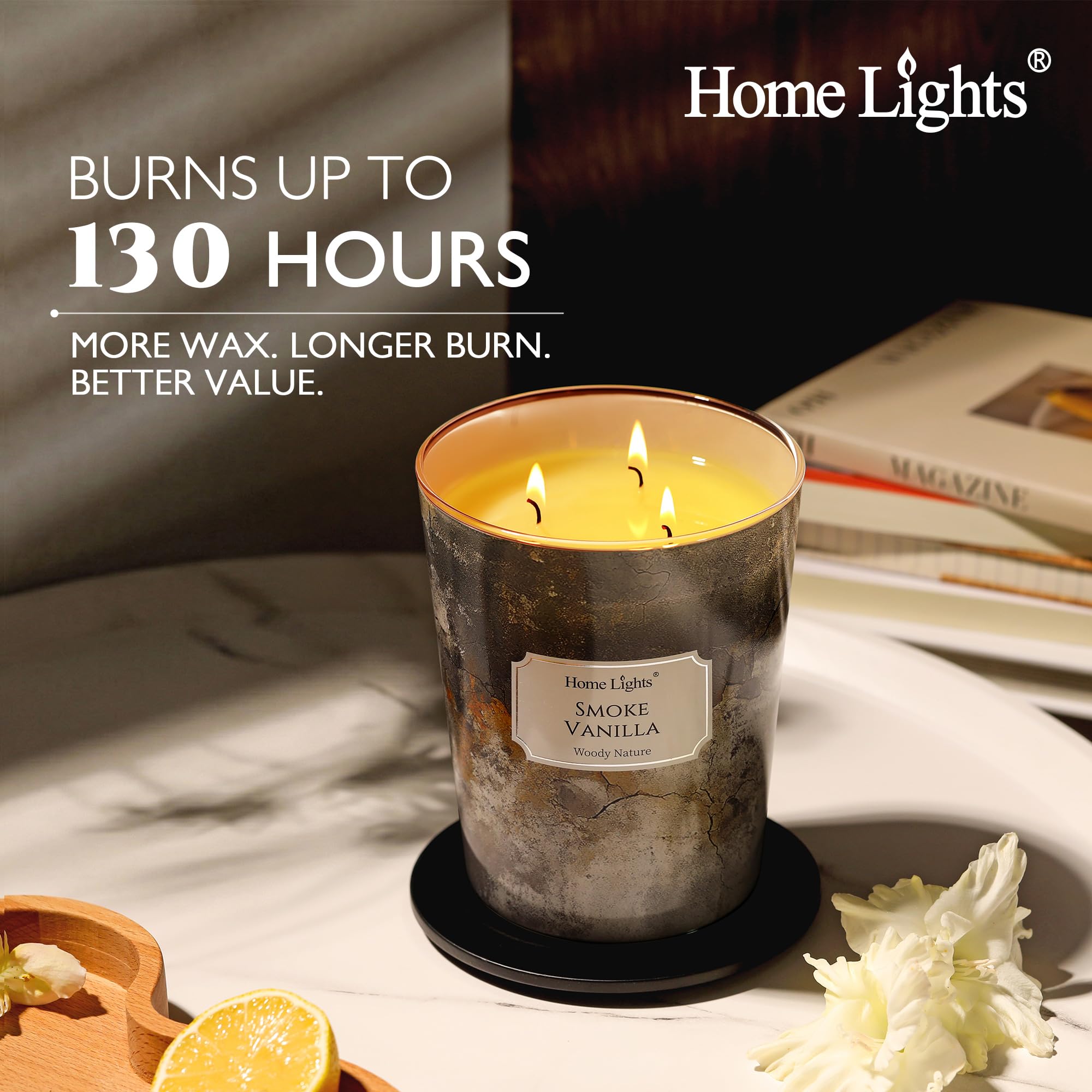 HomeLights Candele profumate per donne e uomini, 3 stoppini in vaso da 960g (Fumo Vaniglia)