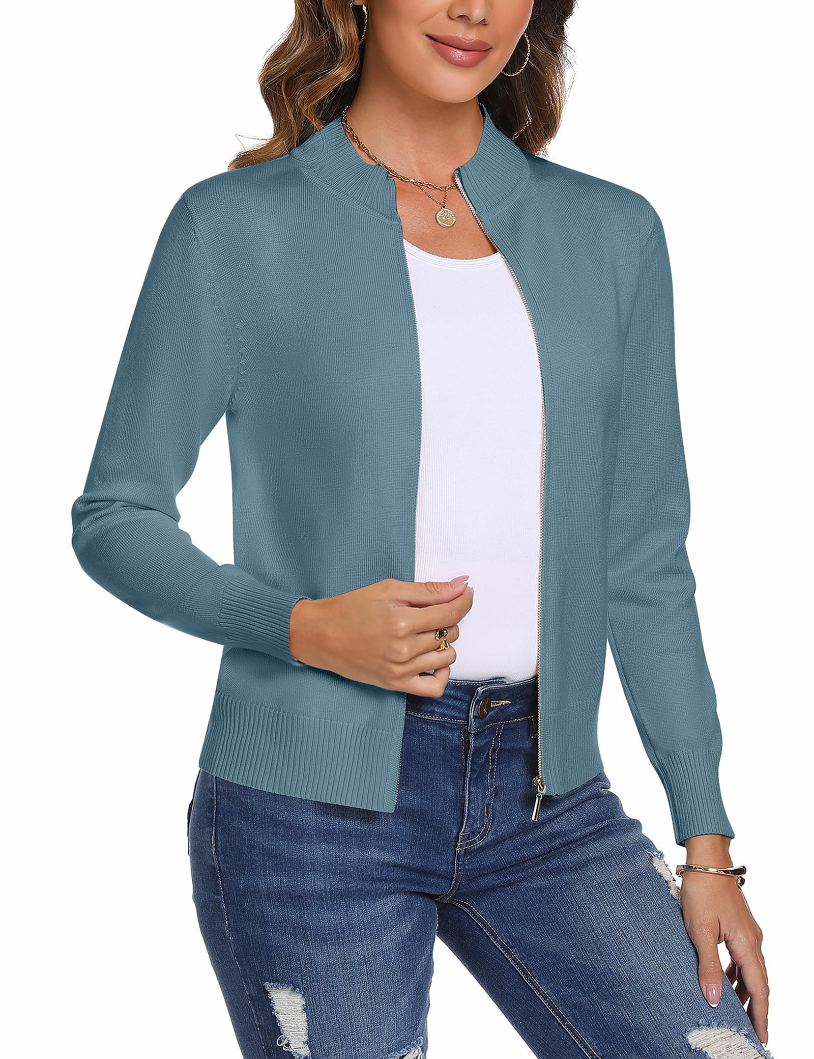 Aottori Cardigan Donna con Zip Maglione Cerniera Leggero Giacca in Maglia Elegante Golfino a Maniche Lunghe Pullover Aperta Casual per Primavera Autunno Invernale