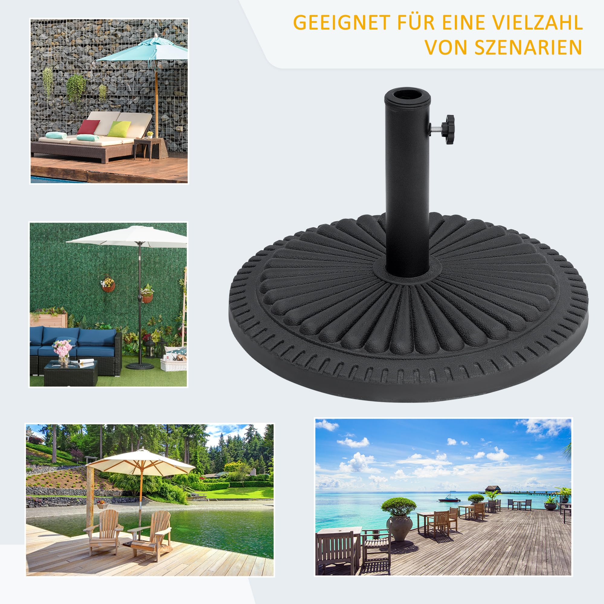 Outsunny parasolstandaard 15 kg parasolstandaard voor parasol ronde parasolstokken 35-48 mm parasolvoet voor tuinterras balkon cement 49 cm zwart