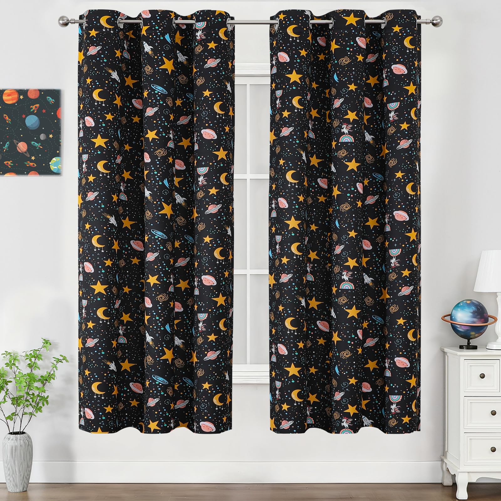 Star Moon Black Out Curtains 72 Inch Long for Kids Bedroom/Nursery,38Wx72L