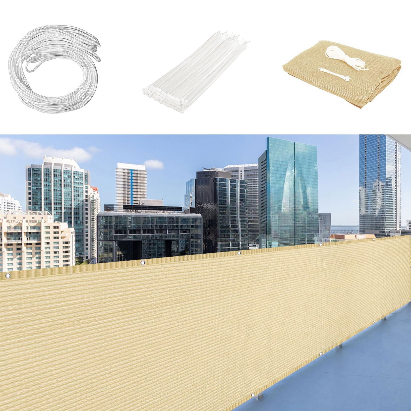 Osłona Ekranu Chroniąca Balkon 130 x 350 cm Odporne Na Warunki Atmosferyczne Ogrodzenie Wiatrochronne Bez Wiercenia, Z Liną I Oczkami Ekran Ogrodzeniowy Na Balkon, Kolor kremowy