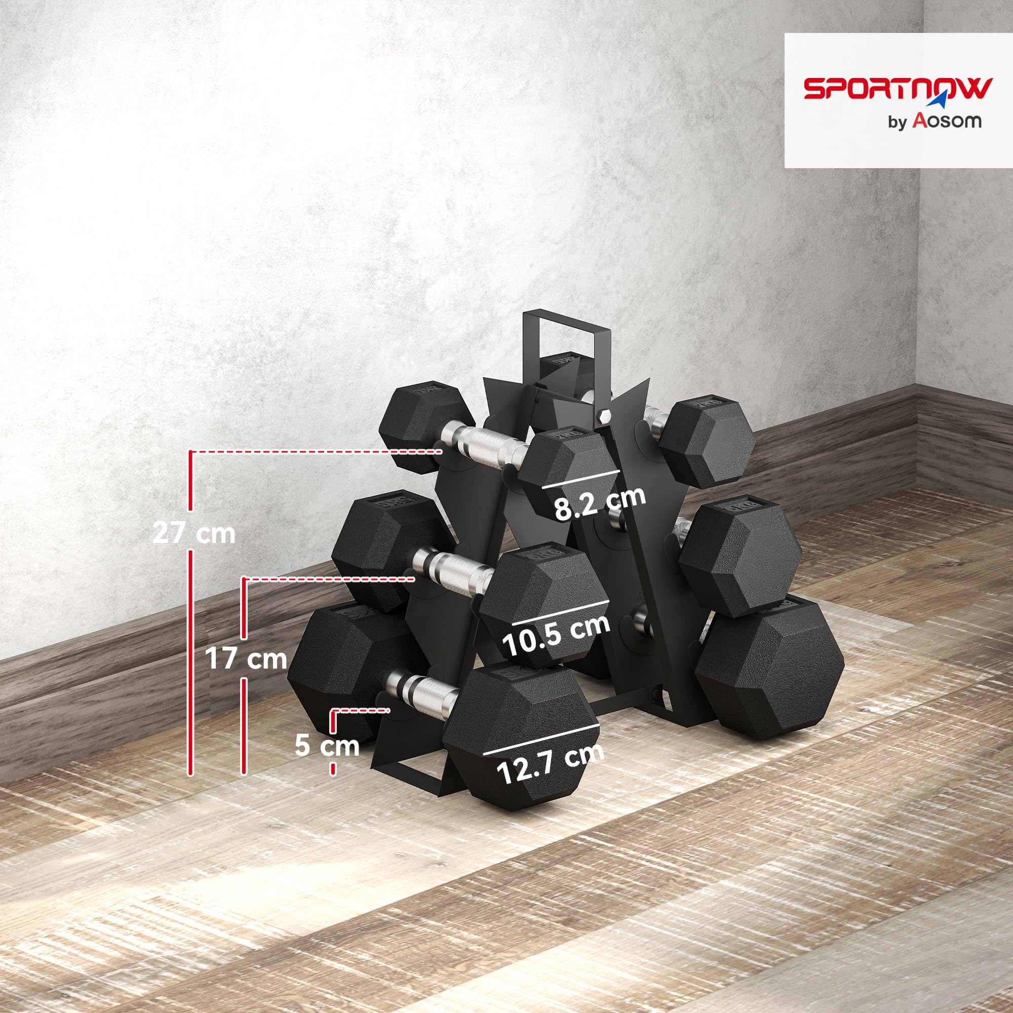 SPORTNOW Set di Manubri Palestra con Supporto, Peso Totale 30kg/36kg, Pesi Palestra Esagonali in Metallo con Impugnatura Antiscivolo, Allenamento Forza Fitness Casa, Nero