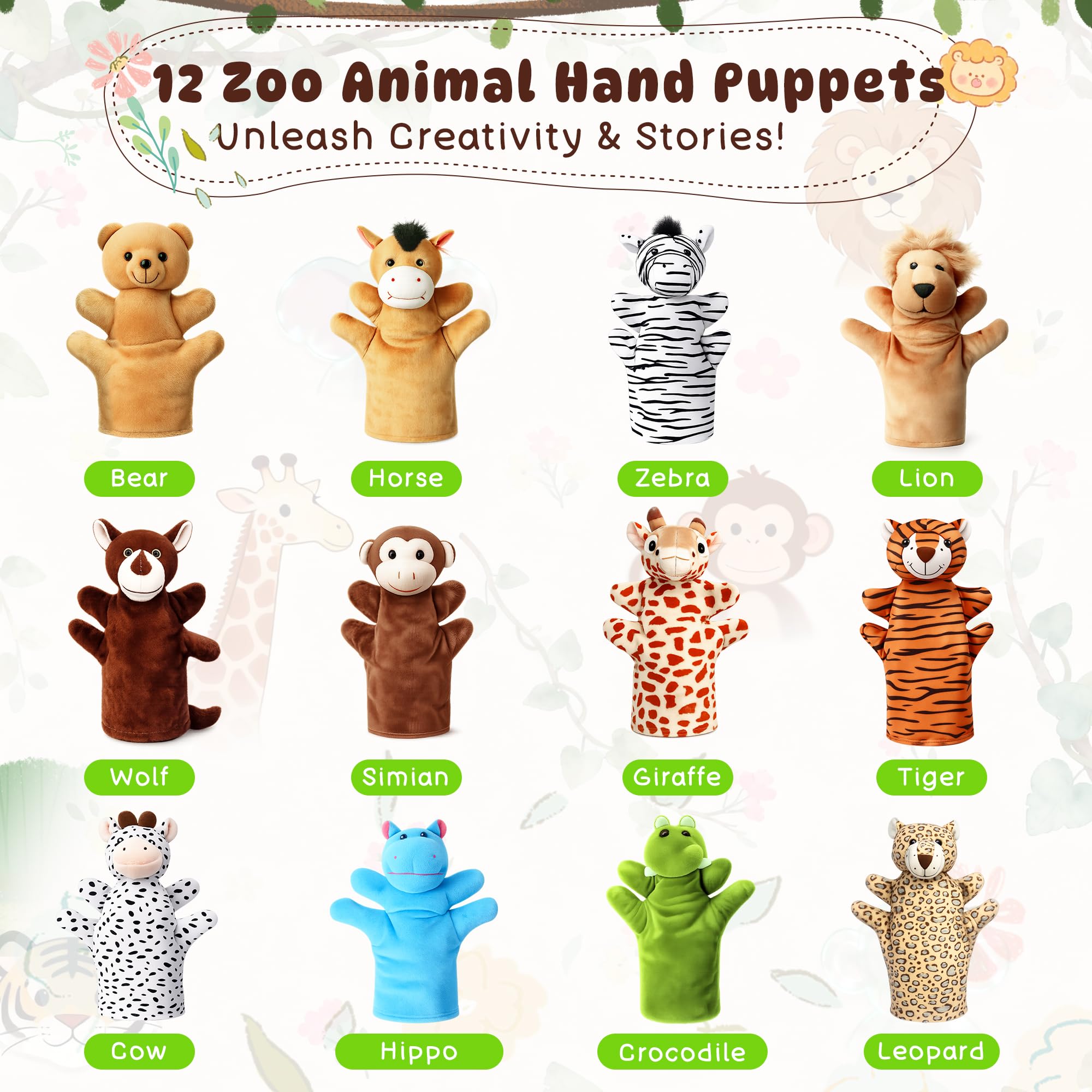 Handpuppen für Kinder, 12-teiliges Plüschpuppen-Set für Kleinkinder, kleine Stofftiere, Plüschtiere, Show-Theater, Abschlussgeschenke, Klassenzimmer, Belohnung, Karnevalspreise für Mädchen und Jungen