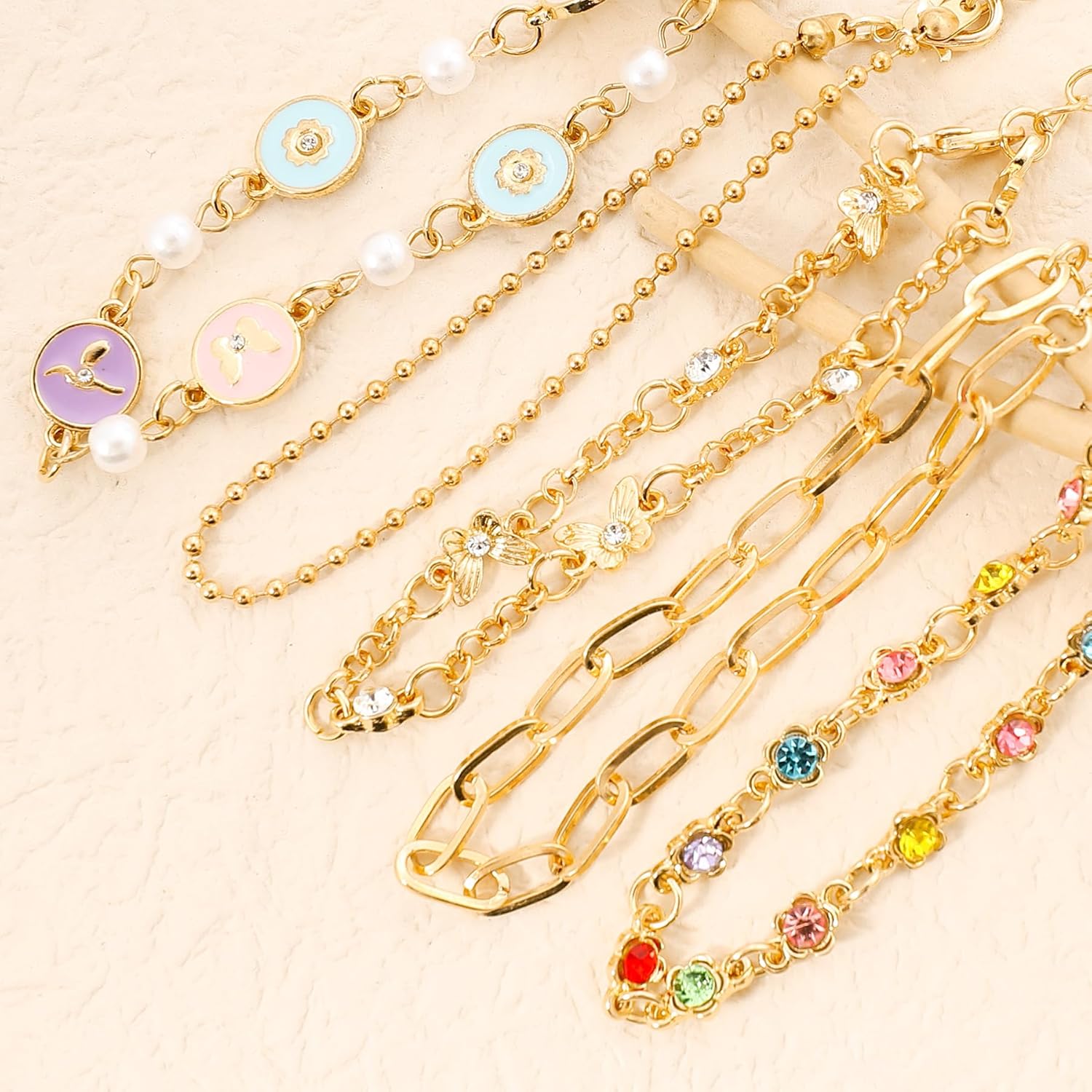 Gold Bracelets Set for Women 14K Gold Plated Stackable Twisted Bangle Rolo Chain Bracelets Layered Diamond Cubic Zirconia Charm Cuban Chain Gold Ball Beads Stretch Bracelets Trendy Jewelry Gift - Image 6