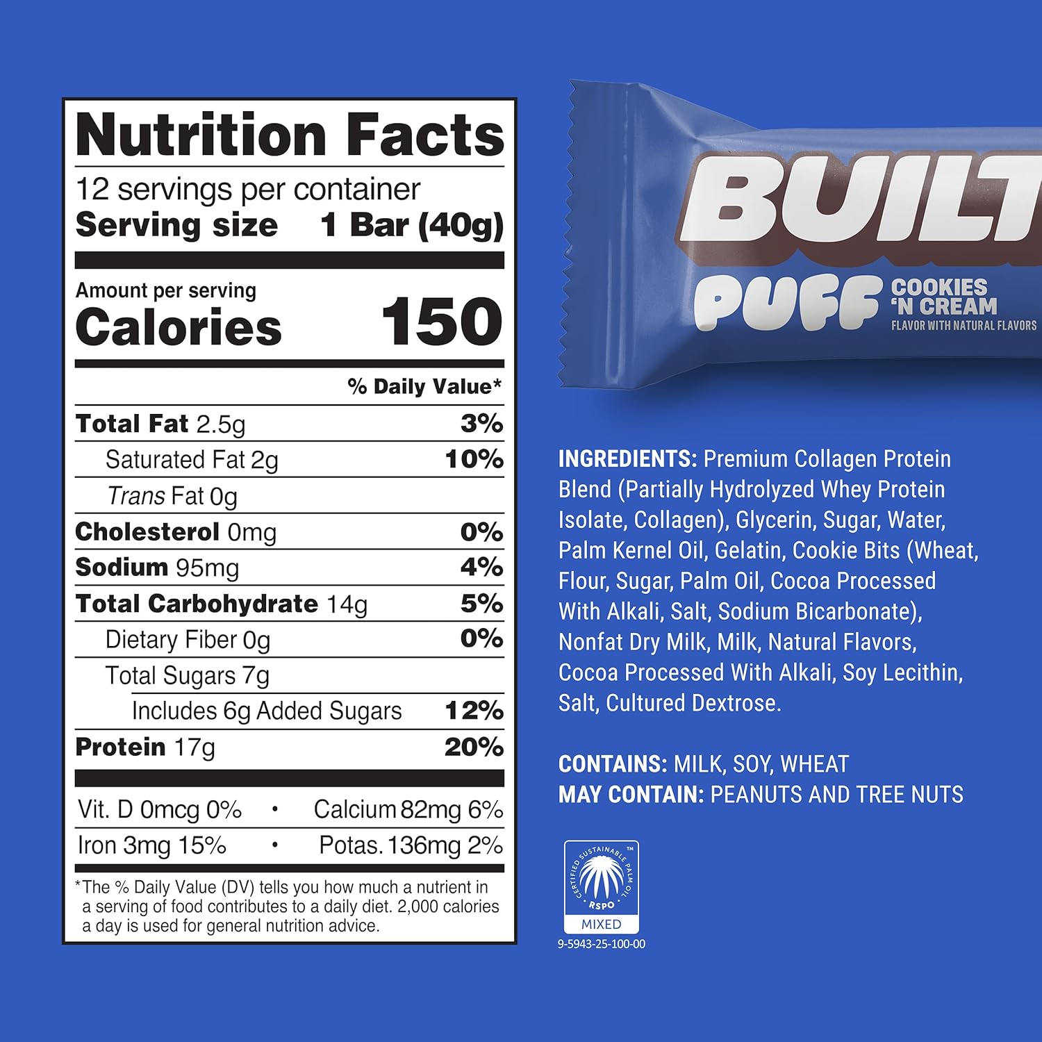 BUILT Bar Puff Protein Bars - Cookies 'N Cream - 17g Protein Snack Bars with Collagen - Calorie Conscious, No Gluten Free - 12 Count