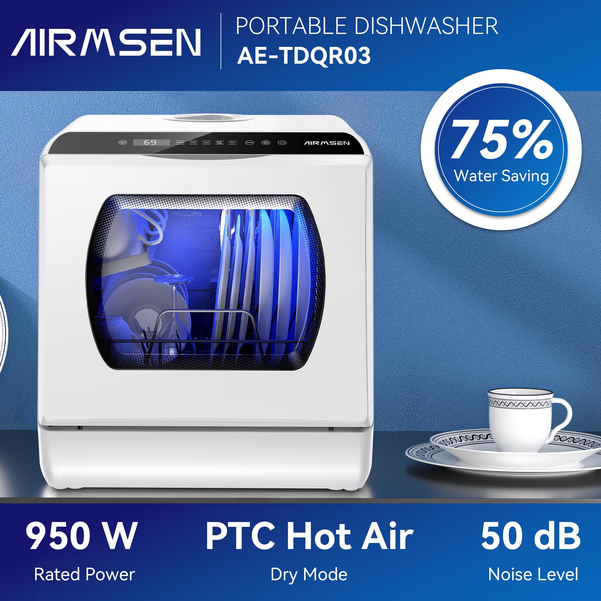 AIRMSEN Mini zmywarka stołowa, 6 programów, zmywarka na blat, zbiornik na wodę 5 l, 2 sposoby zaopatrzenia w wodę, sterowanie dotykowe i wyświetlacz LED, idealna do domowych kuchni, mieszkań