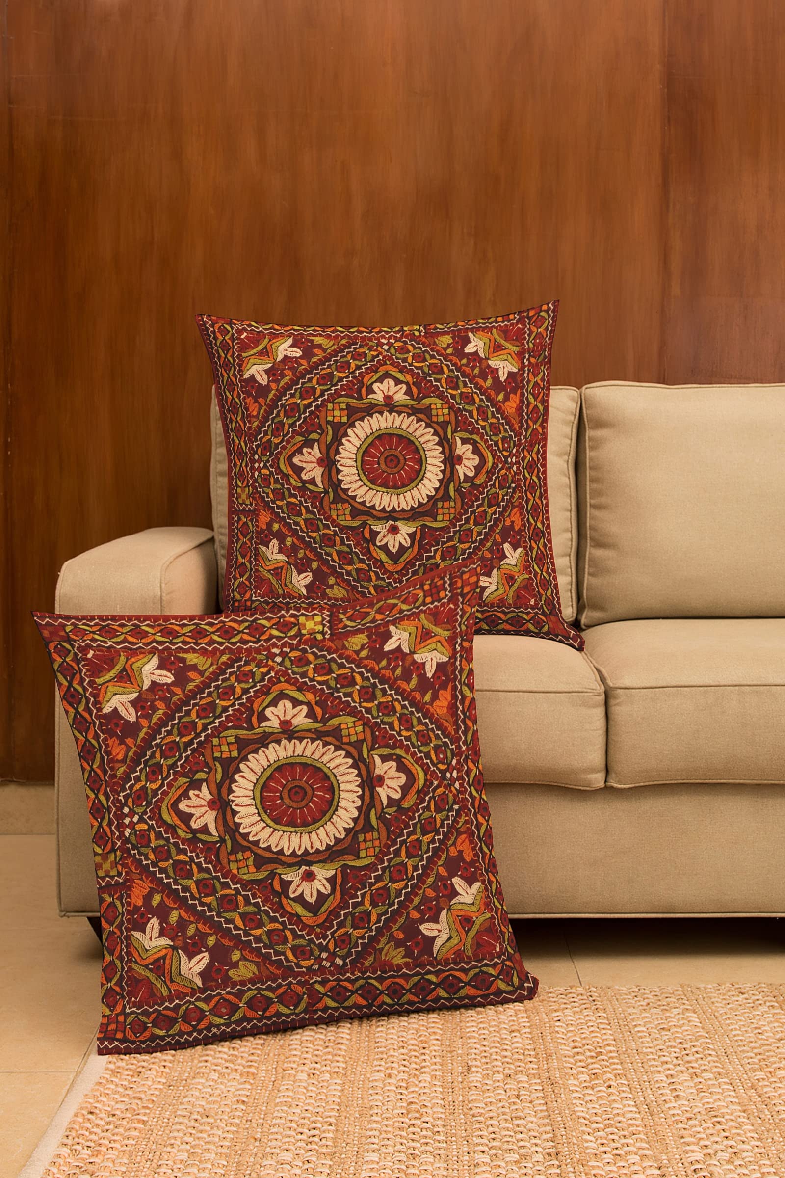 COTTAGE Handmade Cotton Dhaa Embroidred Fine Work Cushion Cover | Fabric for Home Décor, 20x20 Inch, Red, 1 Piece