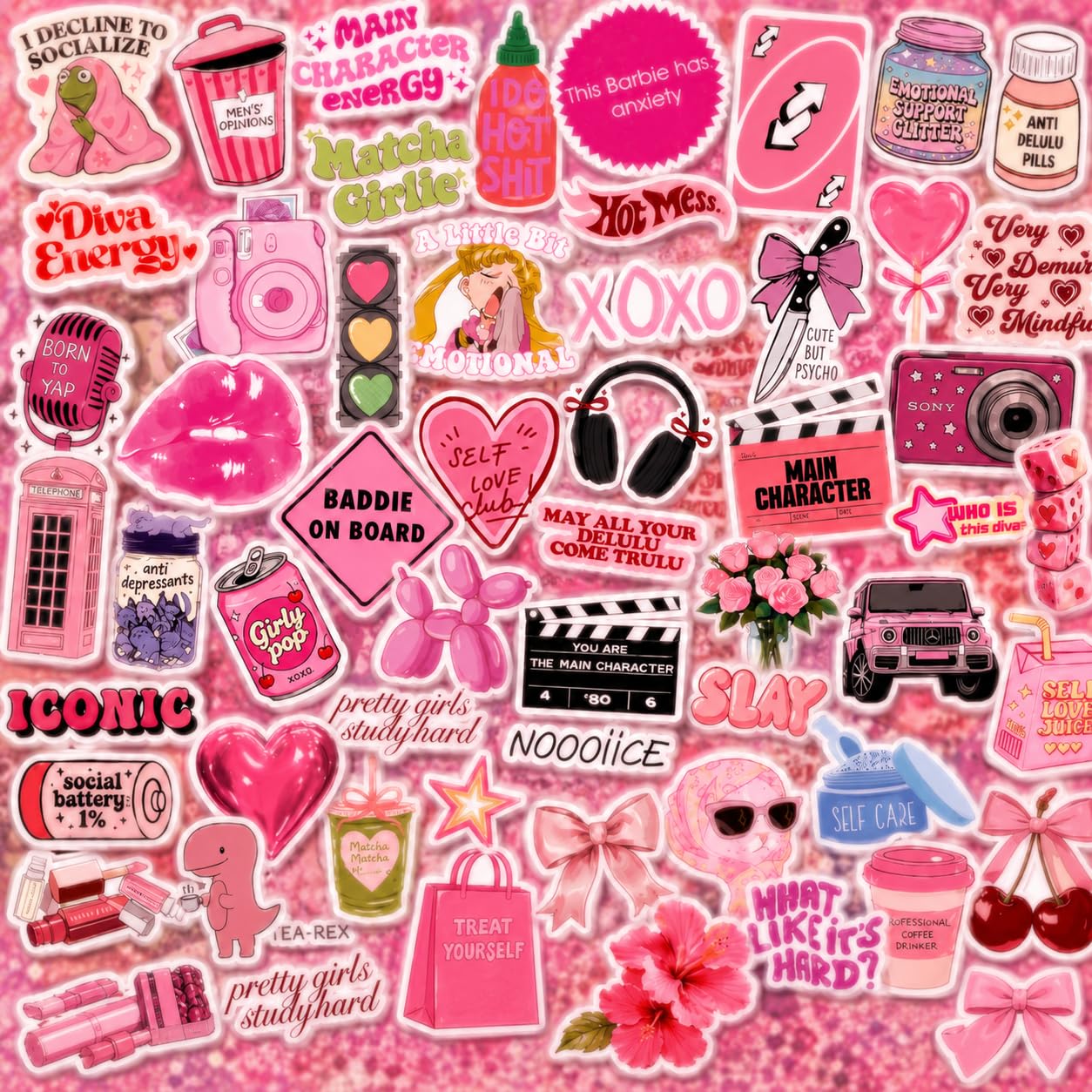 Kawaii Pink Sticker Pack | Cute Pink Girly Stickers for Laptop, Journal, Water Bottle, Phone Case & Scrapbook | Main Character Energy, Self Care & Y2K Inspired Vinyl Decals (3 Sheets)-image-38