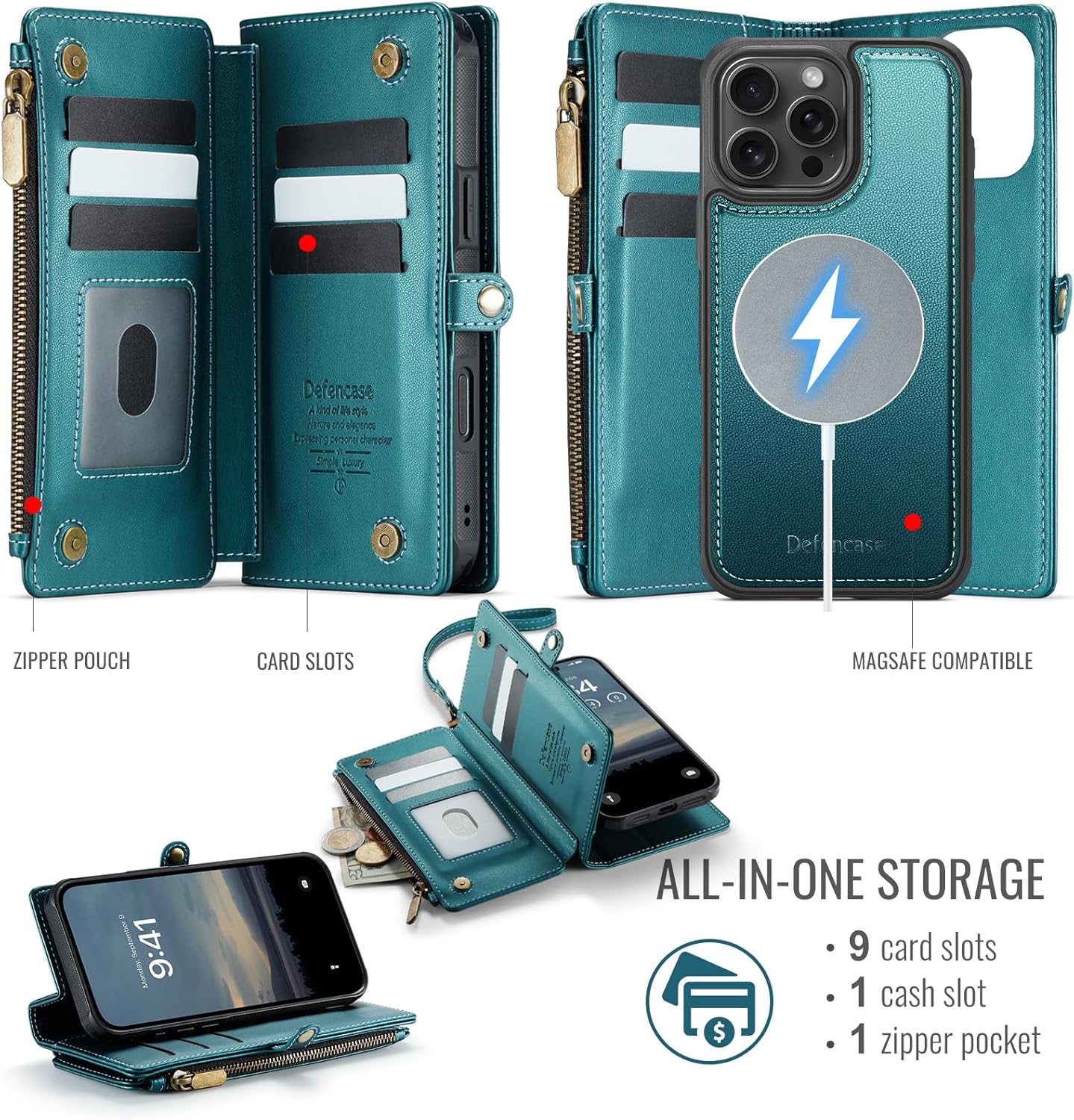 Defencase for iPhone 16 Pro Magnetic Wallet Case Compatible with Magsafe with RFID Blocking Zipper Strap Card Holder for Women Men PU Leather Detachable Case for iPhone 16 Pro (6.3 inches), Blue Green - Image 2