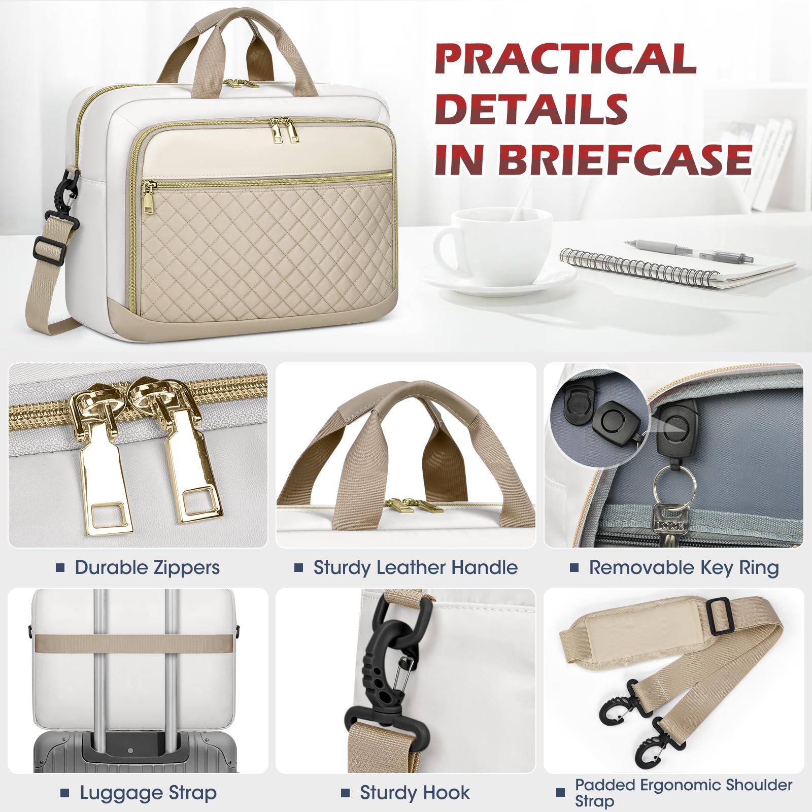 NEWHEY Borsa Porta PC 17.3 Pollici Borsa da Lavoro Donna Impermeabile Borsa Computer Grande Borsa Messenger Valigetta Portadocumenti Tracolla per Ufficio, Università, Scuola,Cachi e beige