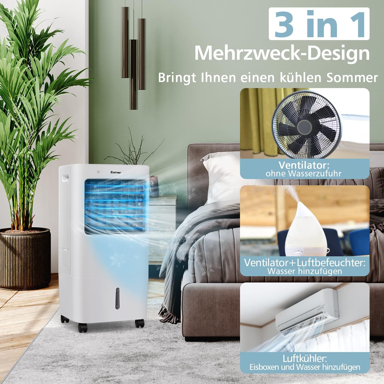 COSTWAY Mobile Klimaanlage ohne Abluftschlauch, 3 in 1 Luftkühler 65W | 3 in 1 Klimagerät Luftreiniger Luftbefeuchter / 8H Timer / 20L Tank/ Fernbedienung / 3 Stufen / Fernbedienung