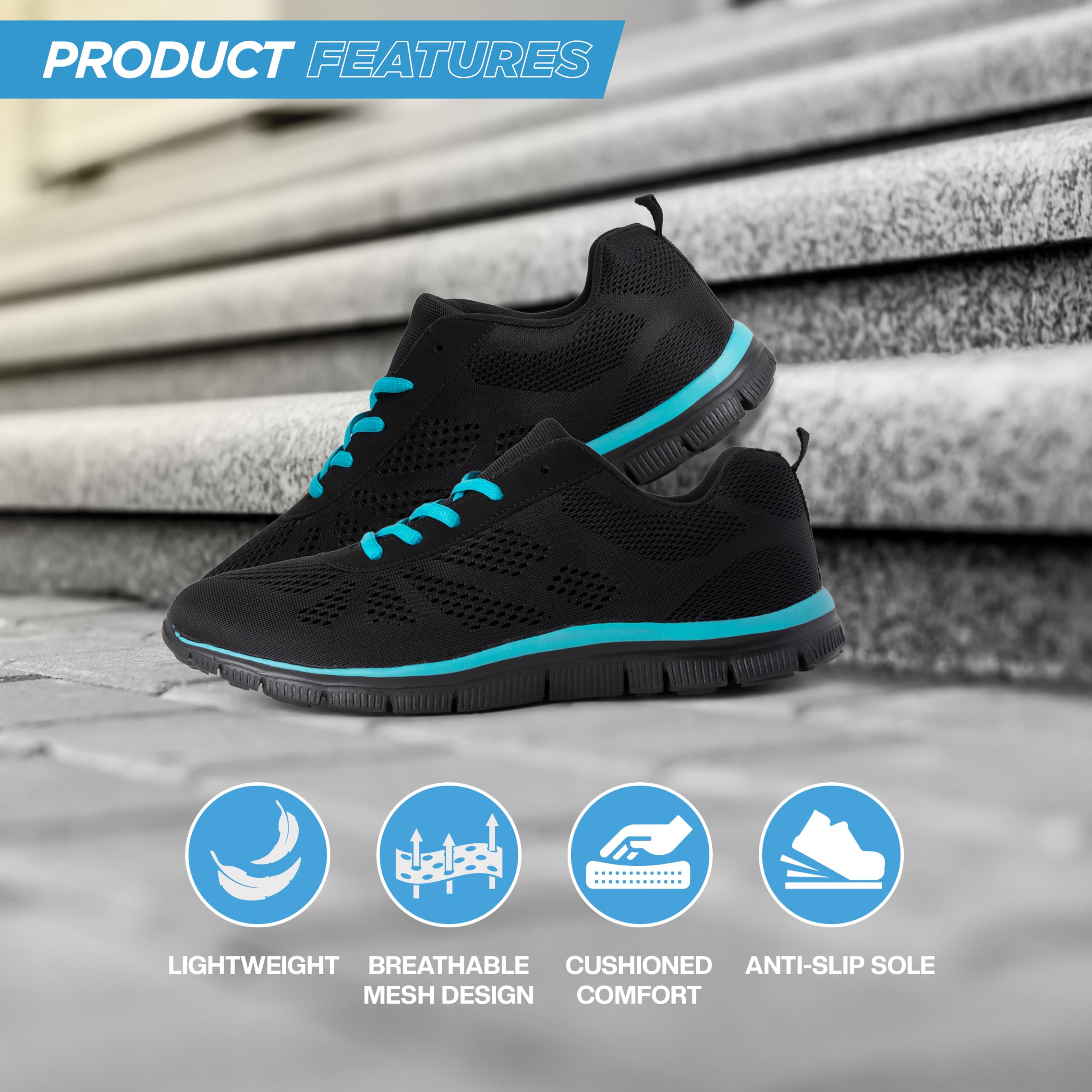Get Fit Women’s Lightweight Trainers - Breathable Mesh Gym Walking Shoes - Comfortable Lace-Up Fitness Sneakers, Flexible Non-Slip Sole - Black/Turquoise - UK6/EU39