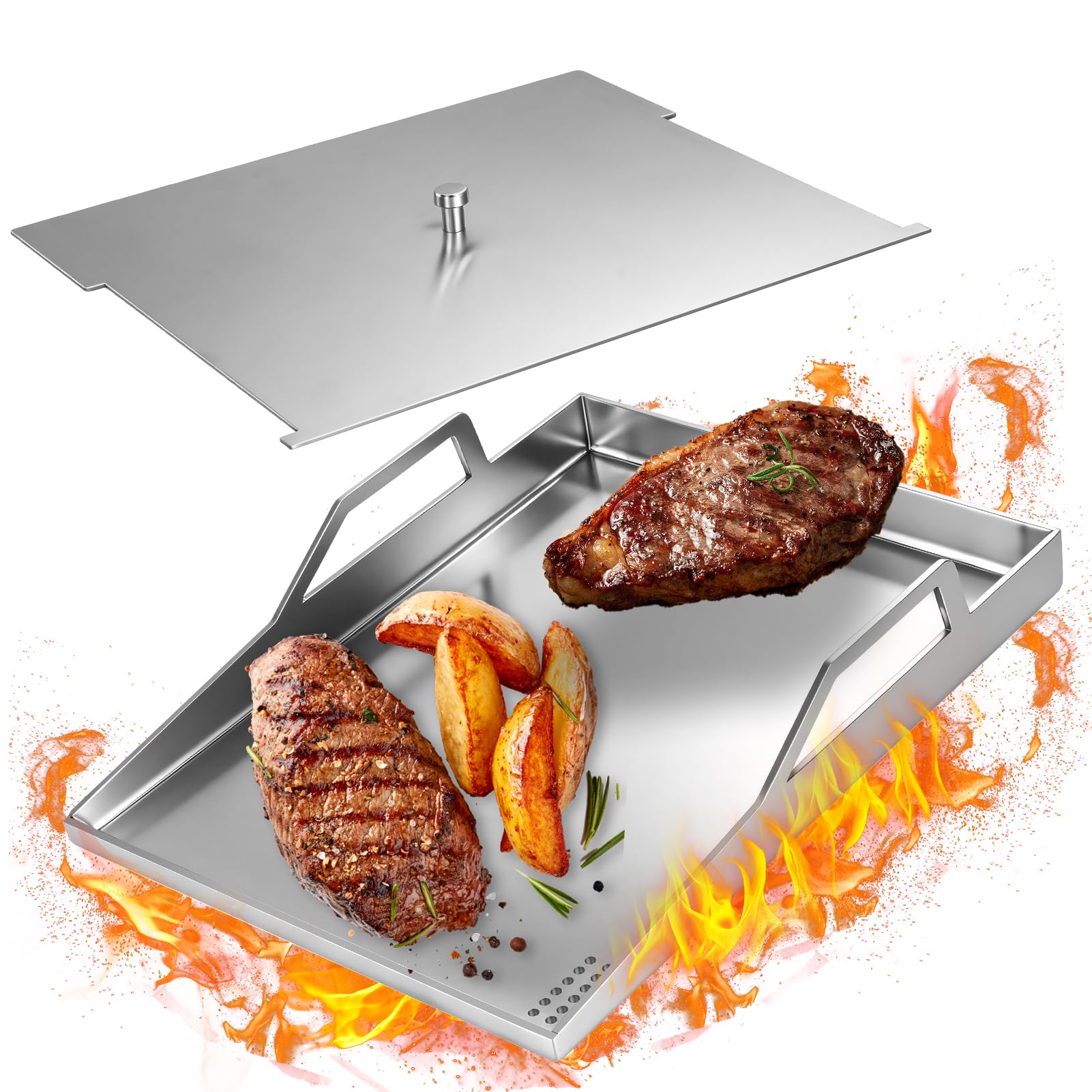 Edelstahl Grillplatte Plancha Universal 40x30 cm Gas Holzkohlegrill Anti-Stick | Grillschale für Kohle und Gasgrill Burger Spiegelei Grill Platte mit Deckel
